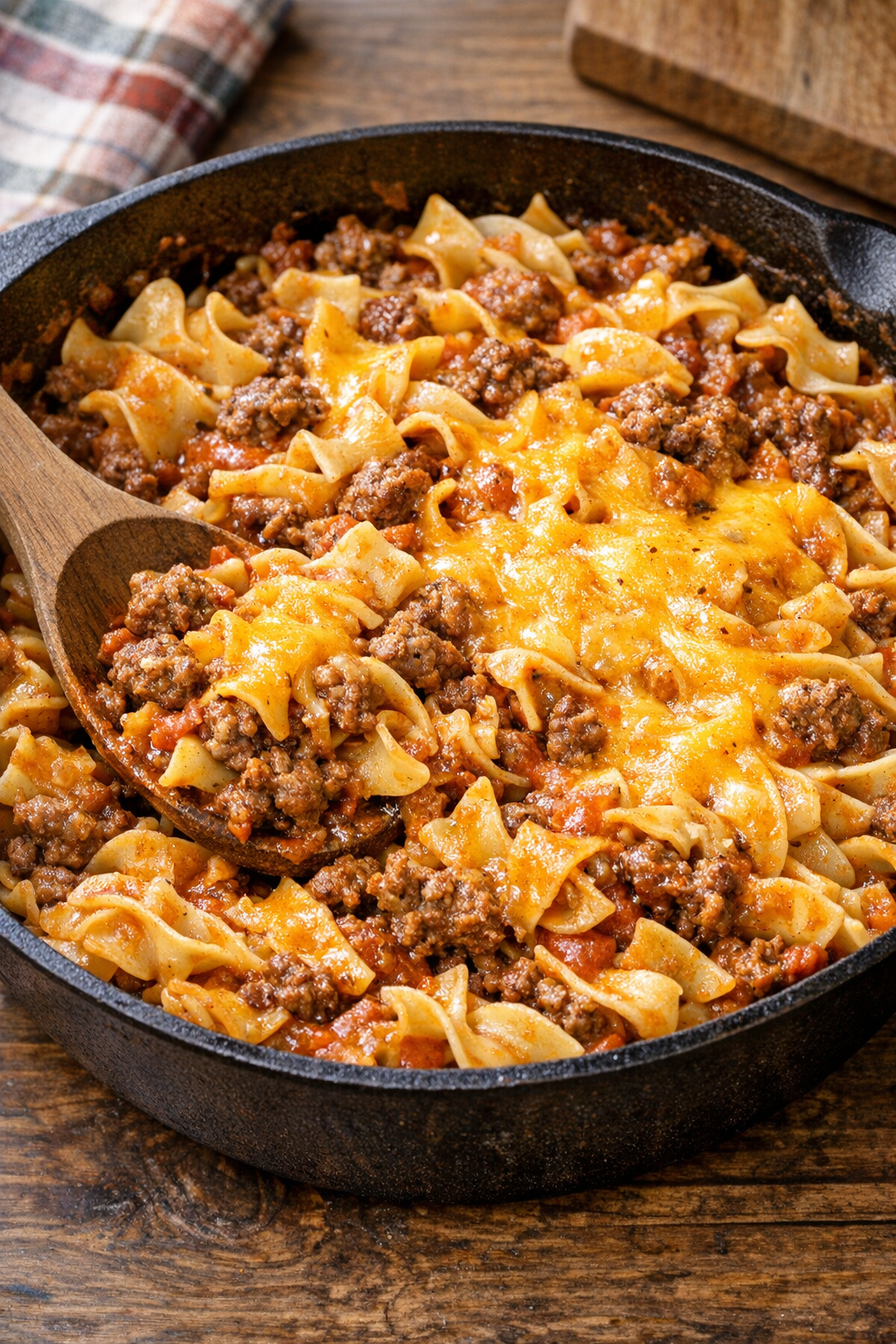 Beef, noodles, soup, and cheese mixed together in a skillet
