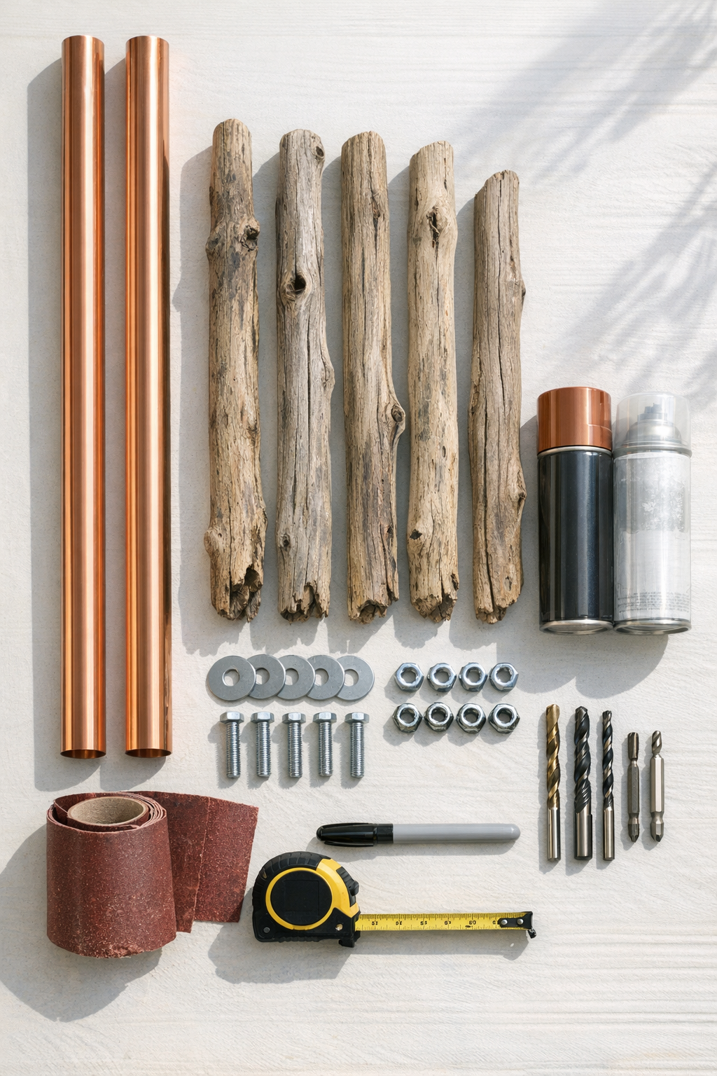 Materials for a driftwood and copper blanket ladder laid out neatly