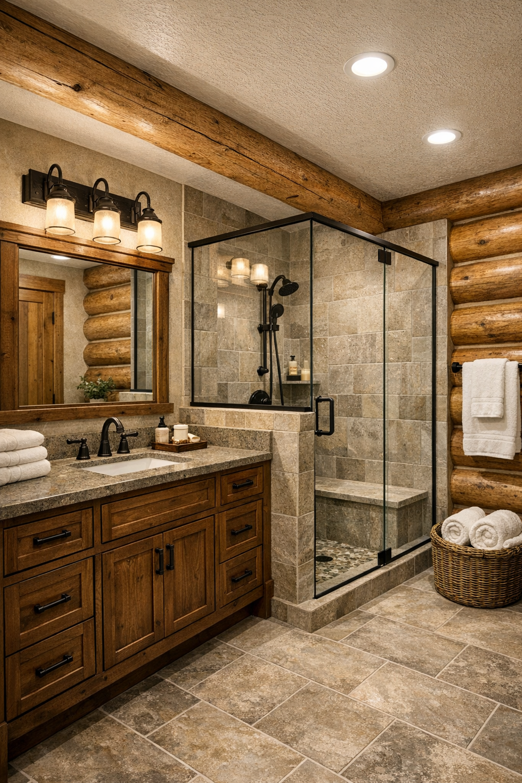 Refined rustic bathroom with wood vanity and stone-look tile