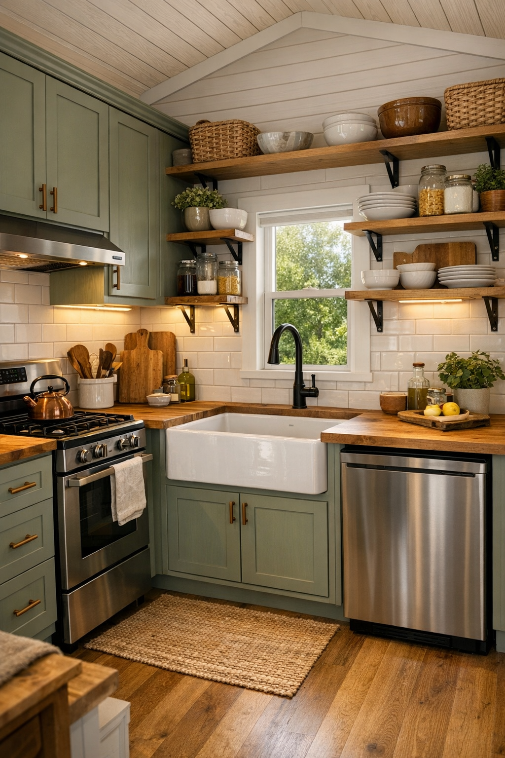 Craftsman kitchen with sage cabinets, wood counters, and farmhouse sink