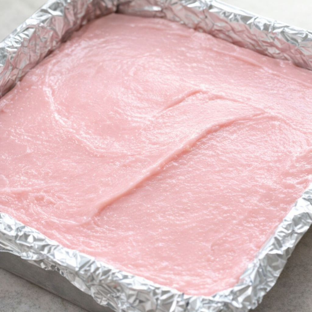 Freshly spread strawberry fudge in a foil-lined pan