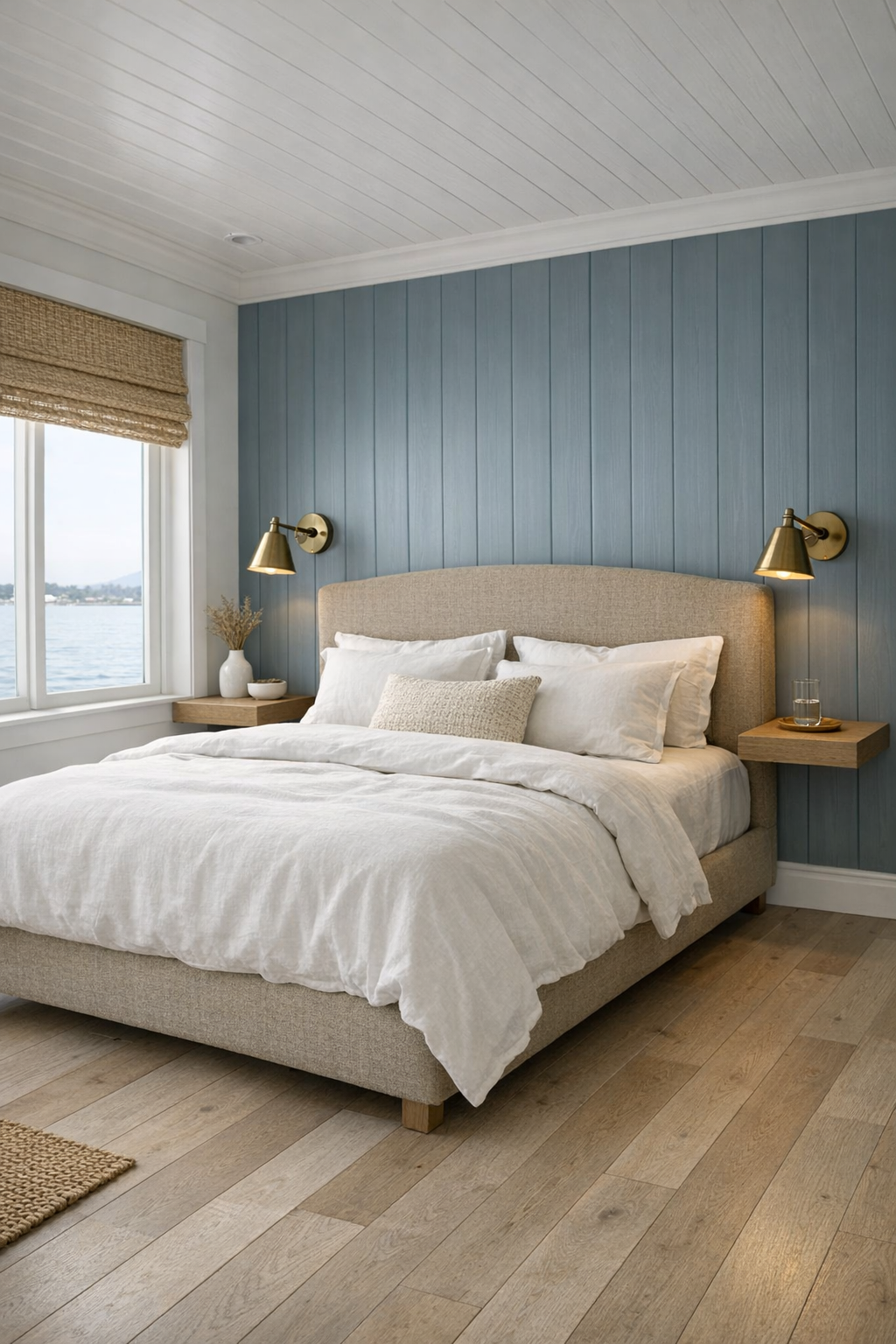 Serene bedroom with blue-gray paneled wall and flax upholstered bed