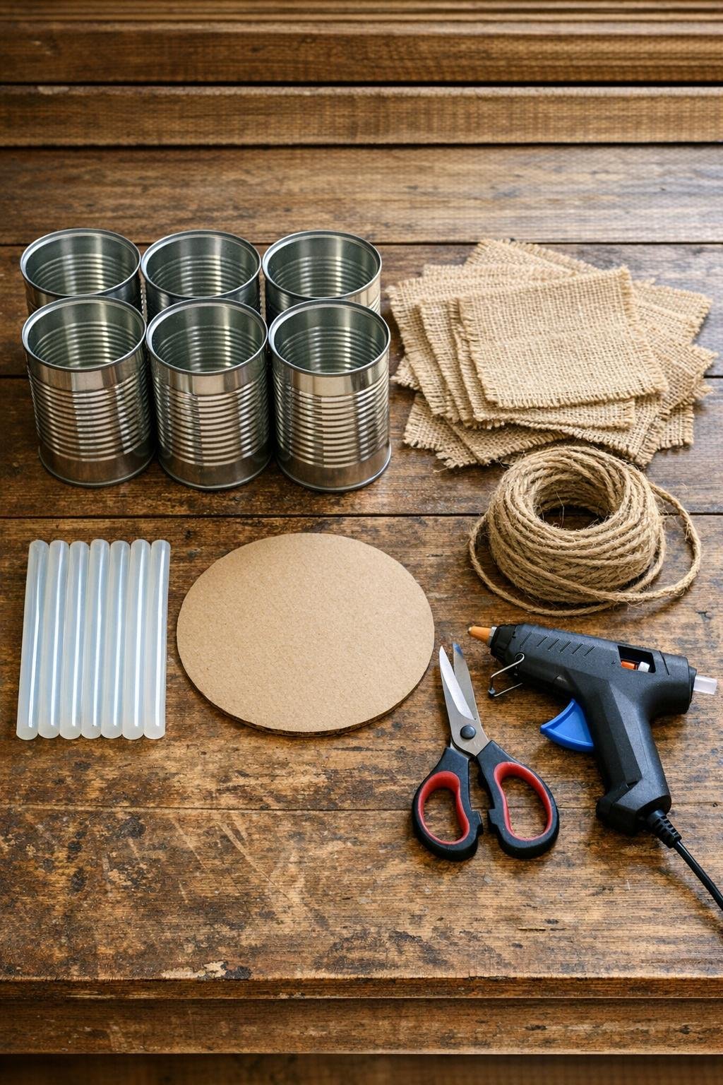 Materials for a burlap-wrapped soup can utensil caddy laid out on a table