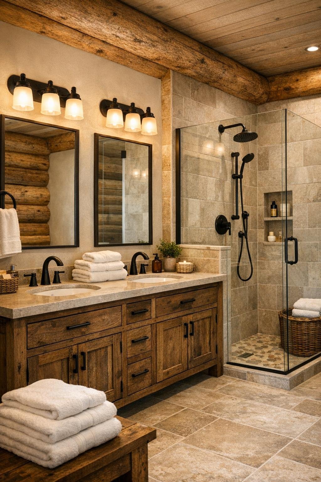 Rustic bathroom with wood vanity, stone surfaces, and a glass shower