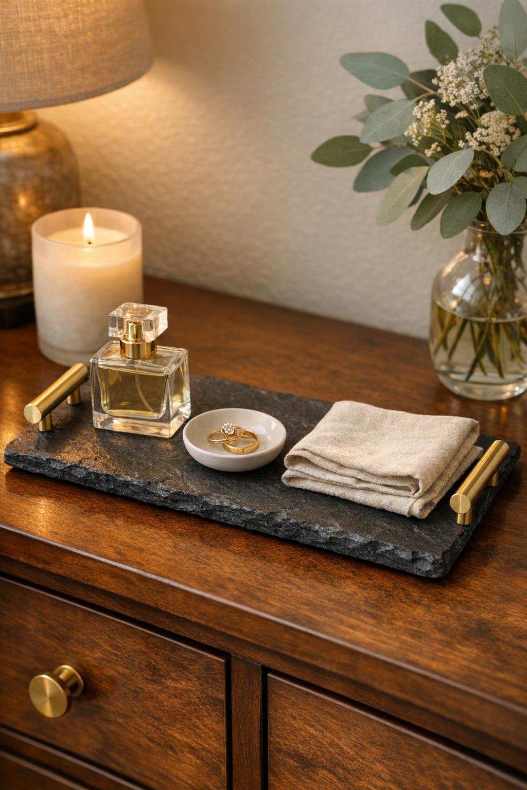 Finished slate bedroom accessory tray with brass pulls on a dresser