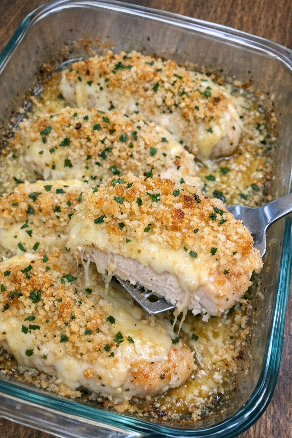 Chicken breasts with melted cheese and golden breadcrumb crust in a glass baking dish