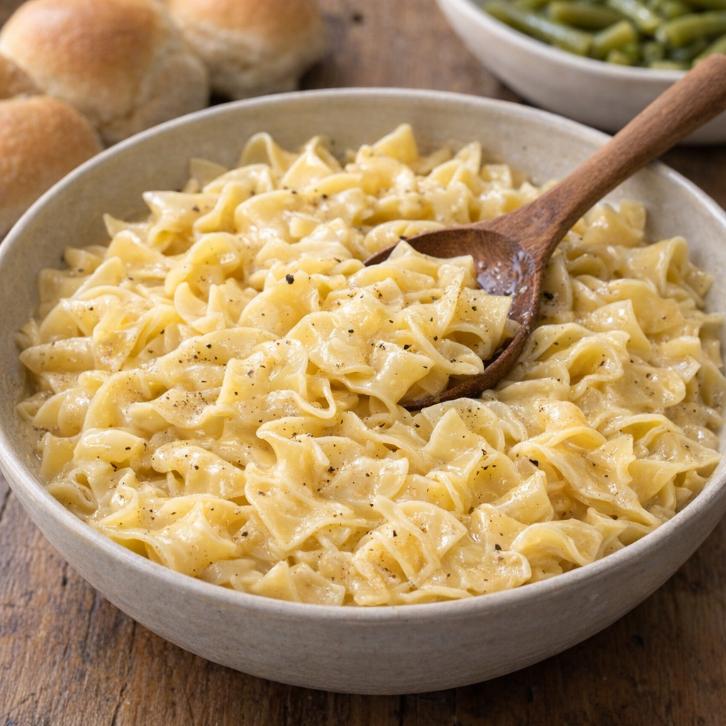 Slow cooker butter noodles served family-style in a cozy kitchen