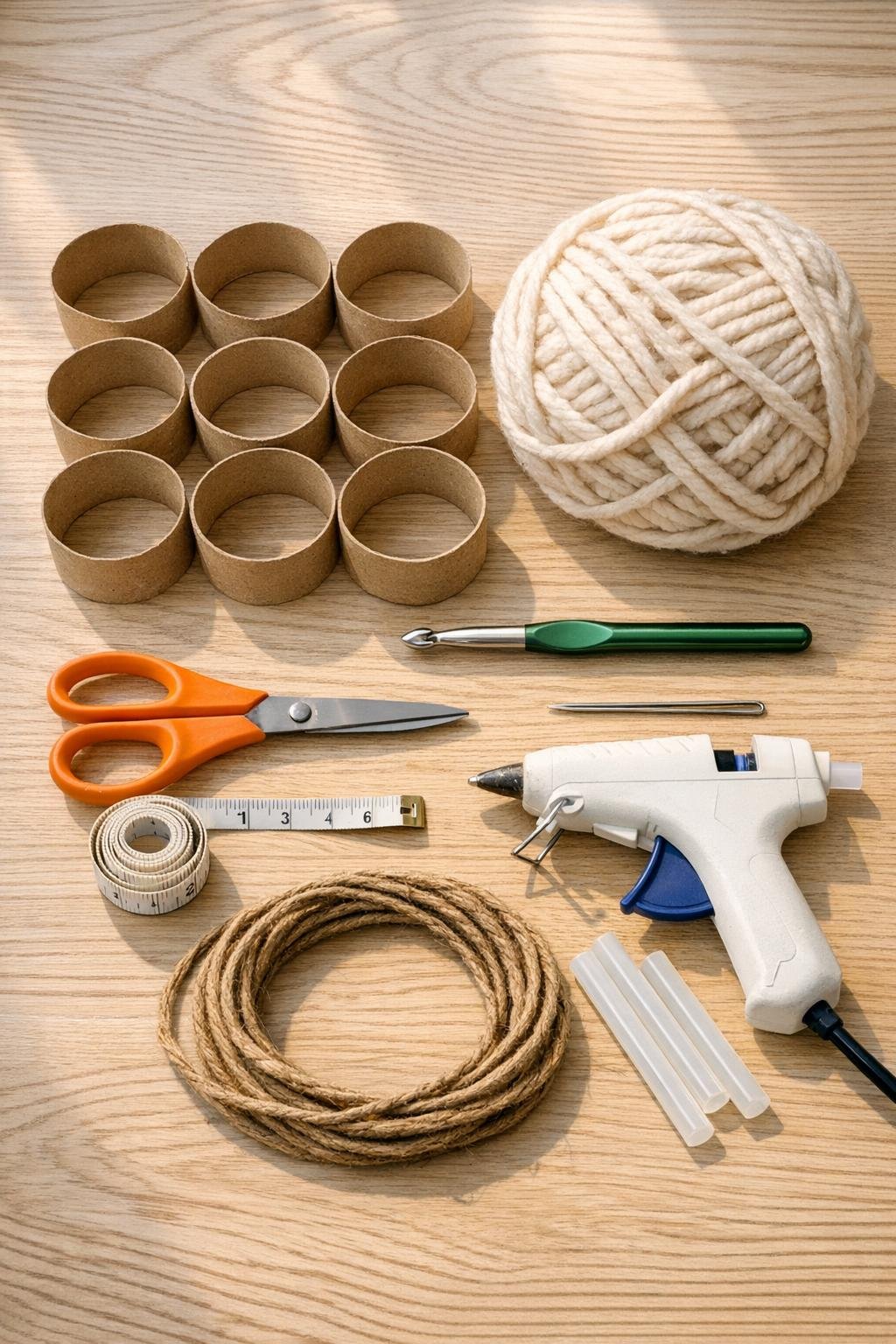 Materials for a chunky cream crochet porch garland laid out together