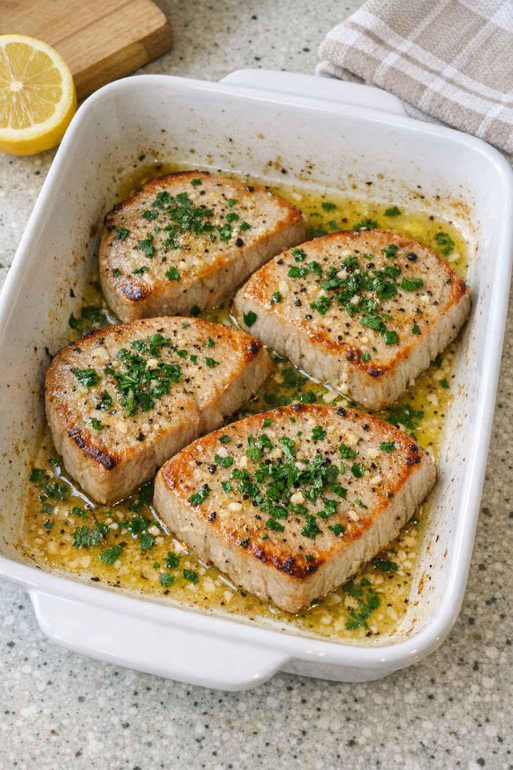 Finished baked albacore tuna steaks in a baking dish