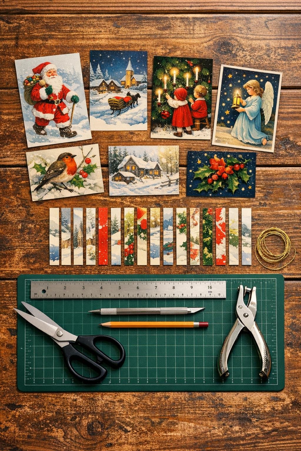 Old Christmas cards cut into strips with scissors, ruler, pencil, and hole punch laid out on a wood table