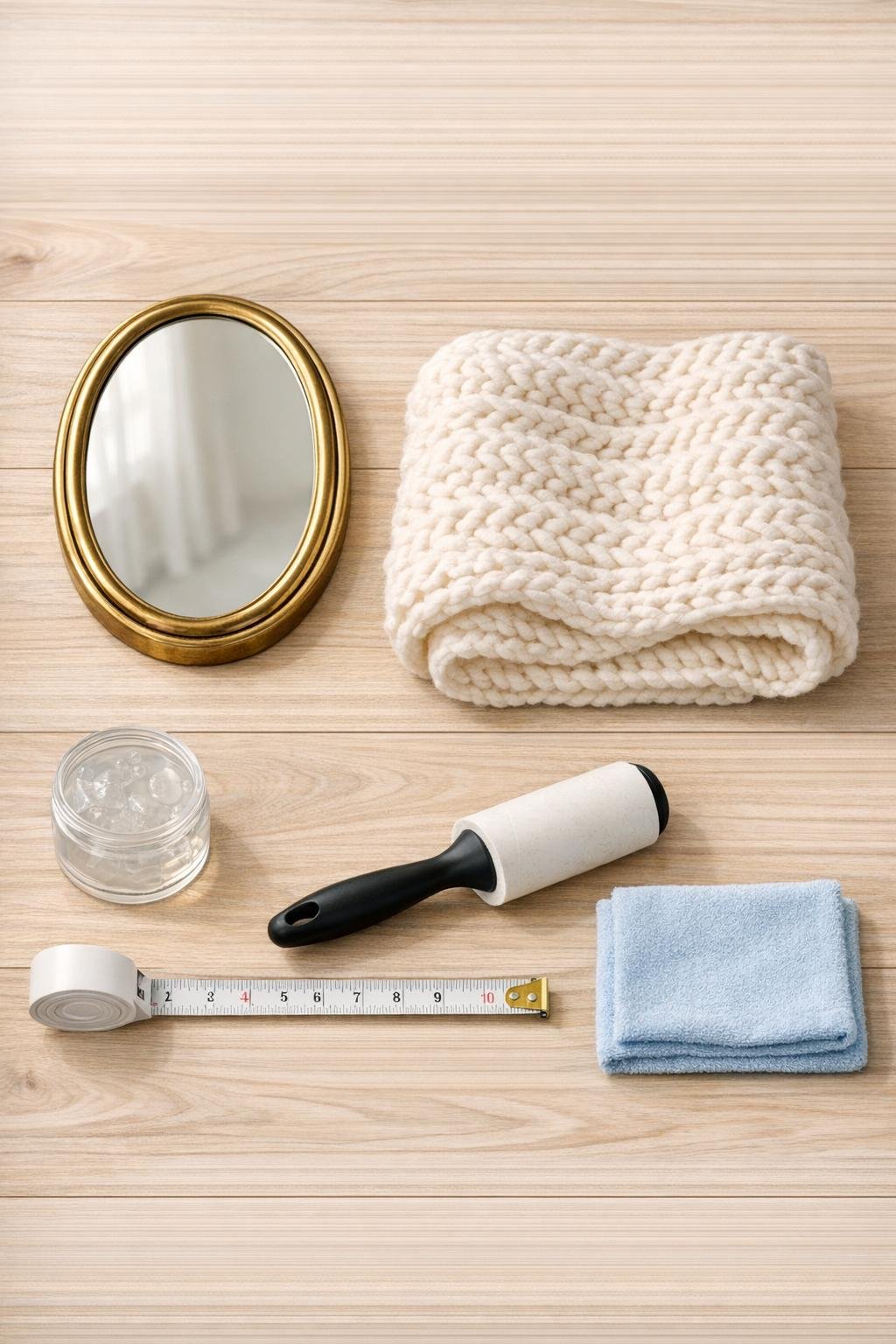 Materials for a cozy mirror trinket tray laid out together