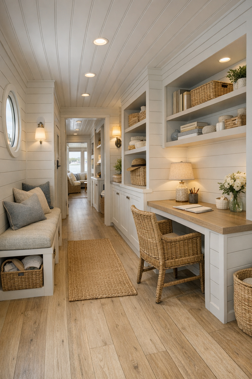 Wide interior passage with built-ins, shiplap walls, and a small flexible workspace