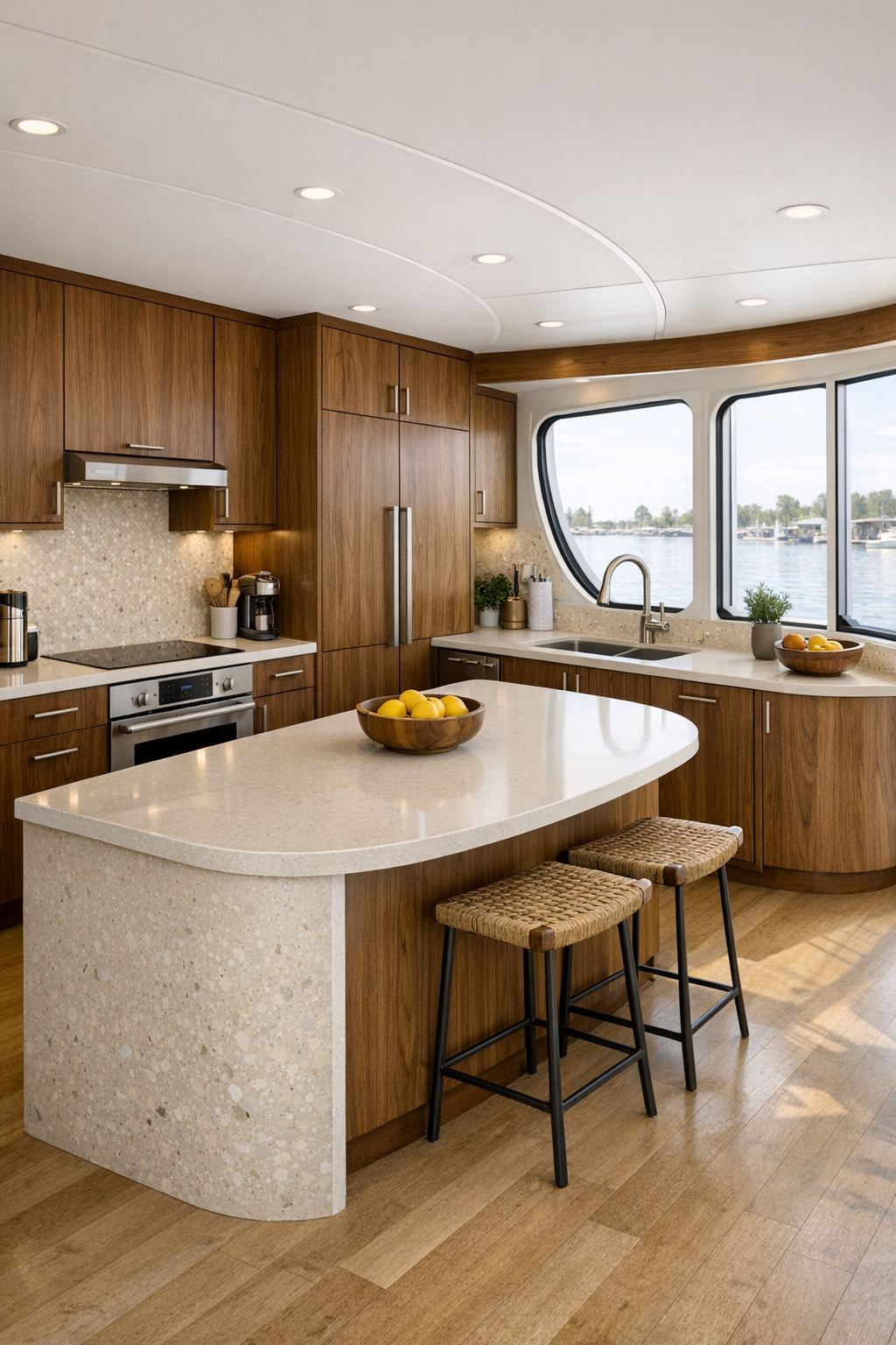 Walnut mid-century kitchen with curved island, terrazzo backsplash, and bright windows