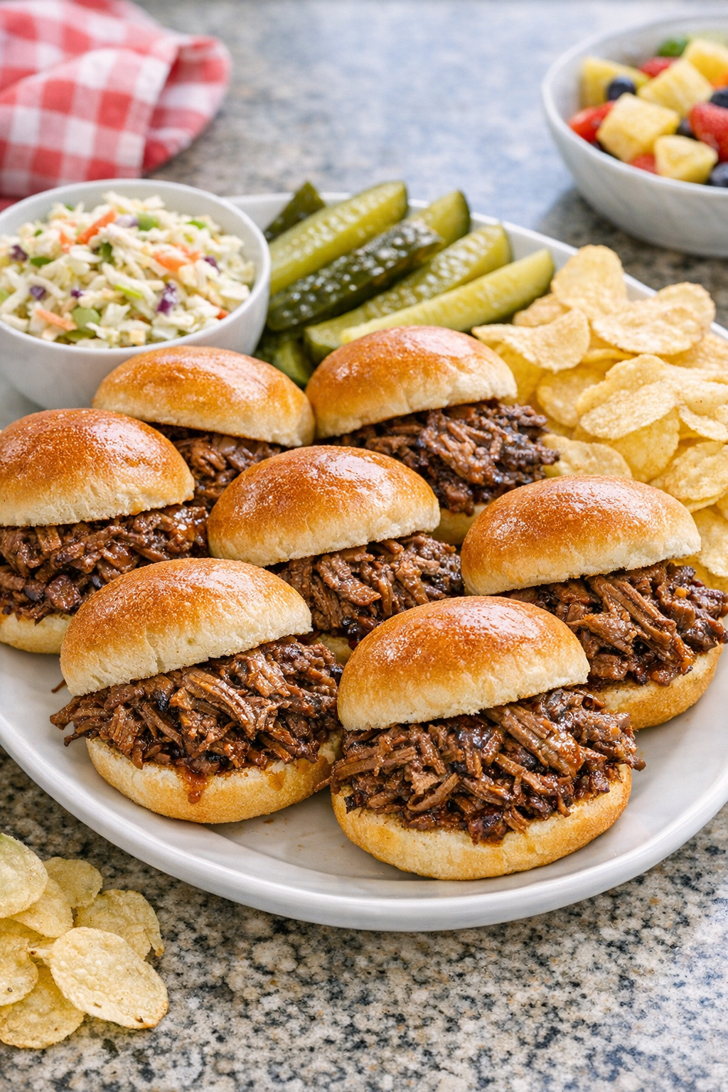 Plated shredded beef sliders with summer sides