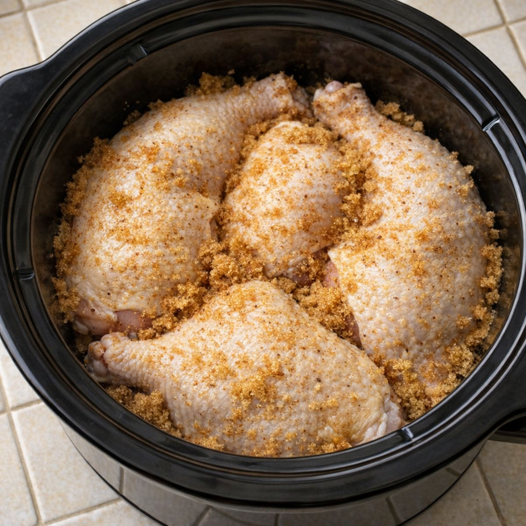 Chicken quarters arranged in a slow cooker before cooking