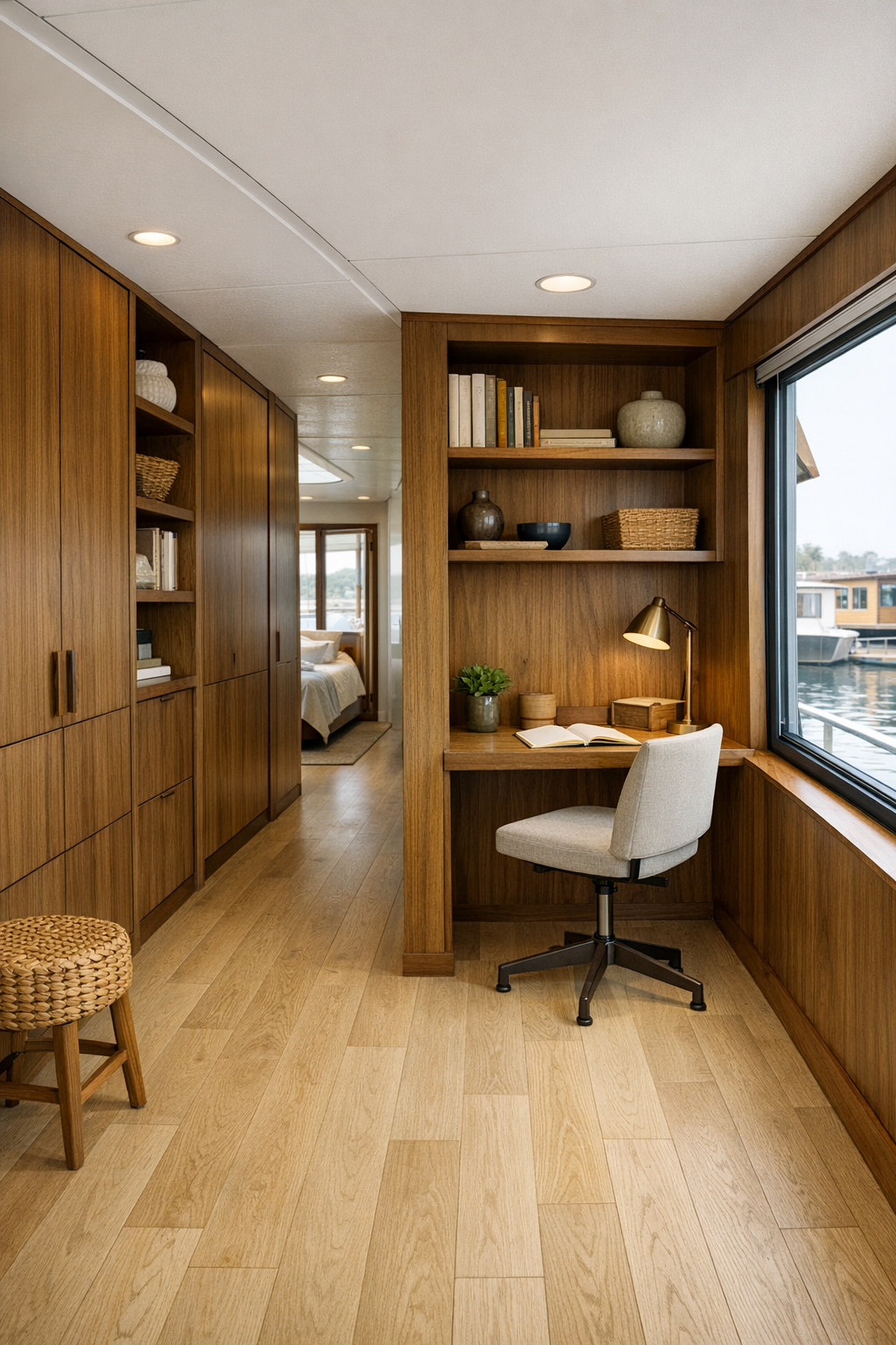Bright built-in hallway and office nook in a mid-century houseboat