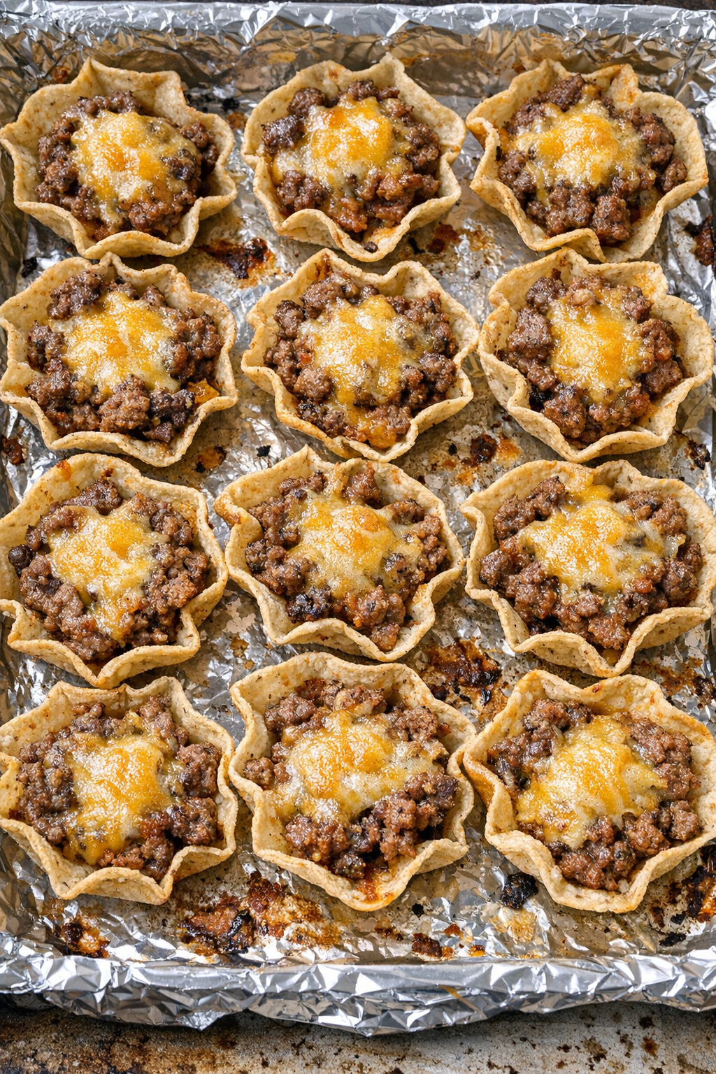 Crispy beef tortilla scoops baked with cheddar cheese