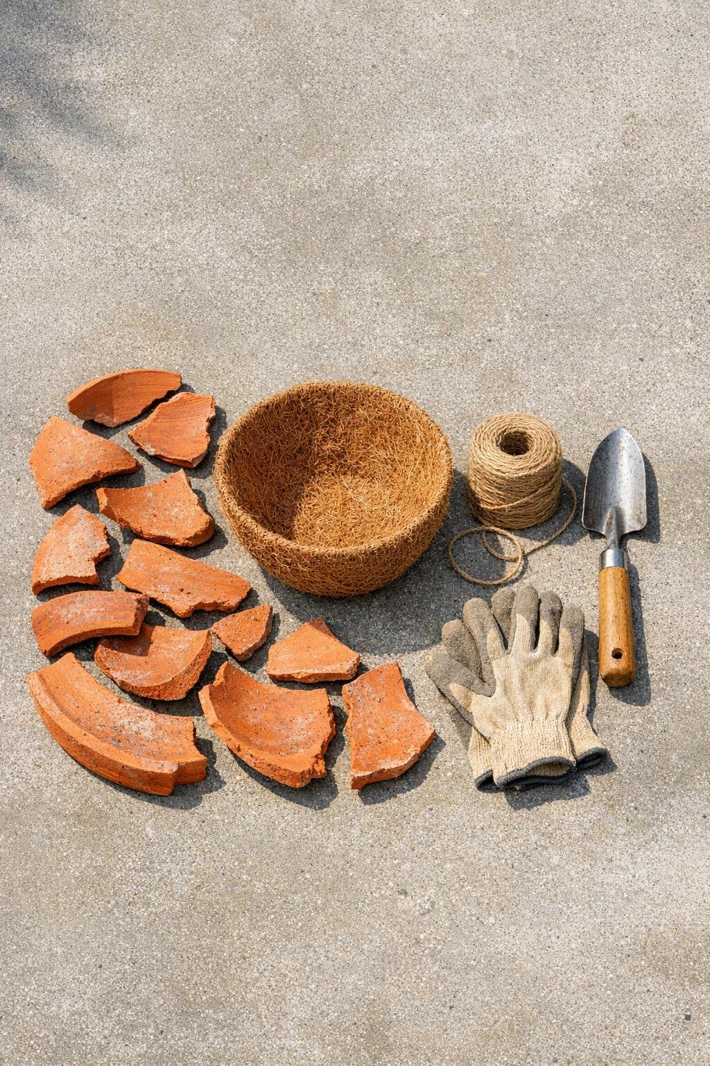 Broken terracotta pot pieces, coconut coir liner, and jute twine laid out for the project