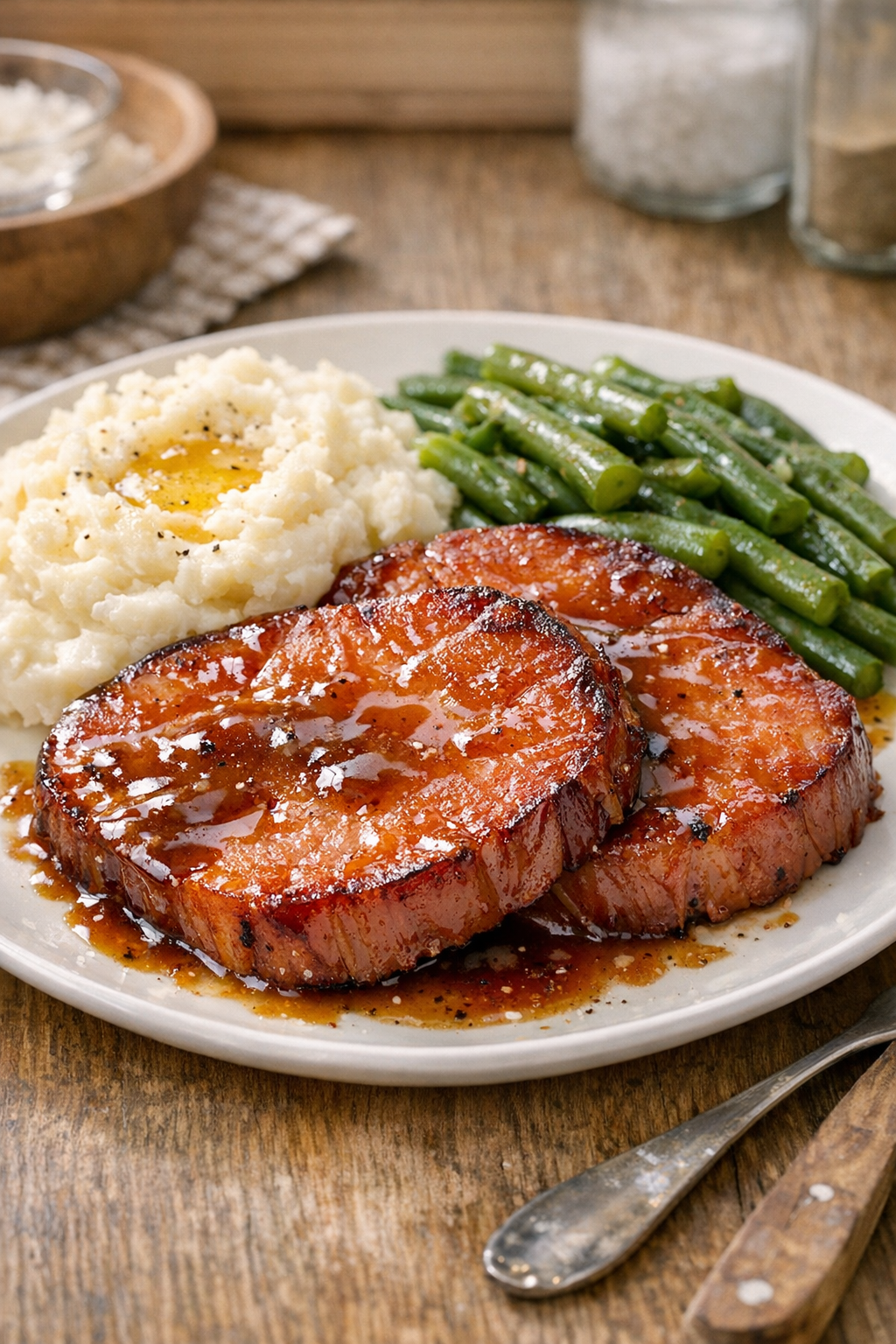 Finished glazed ham steaks plated for serving