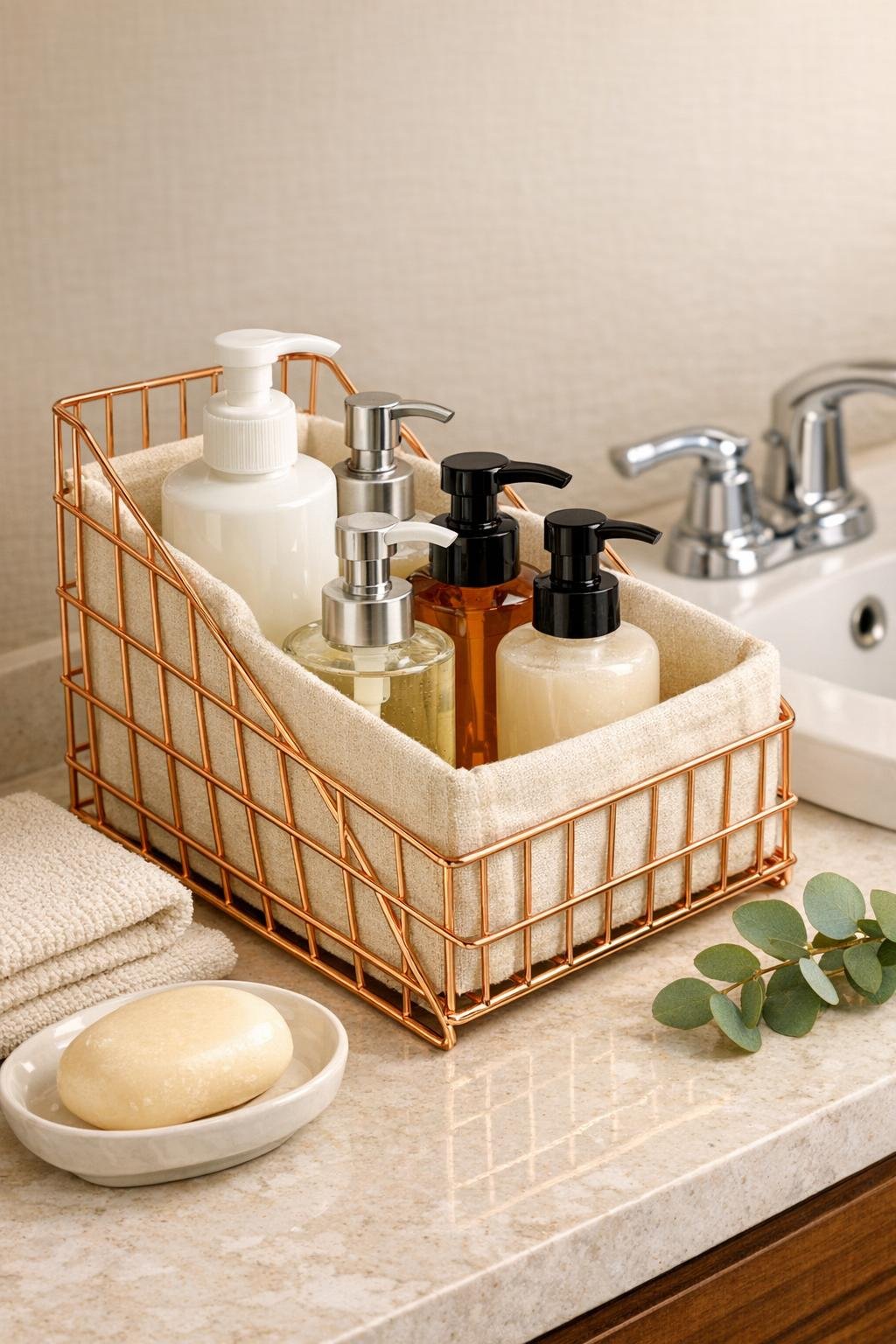 Finished bathroom lotion caddy made from a rose gold wire desk file organizer lined with cream linen