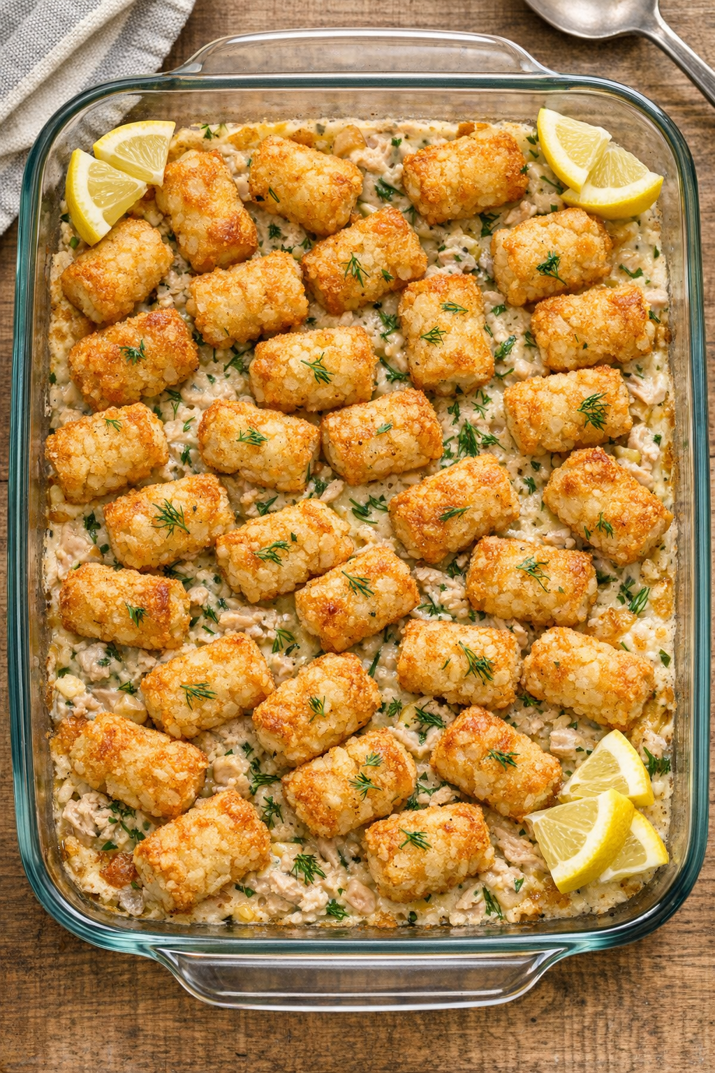 Finished lemon dill tuna tater tot bake