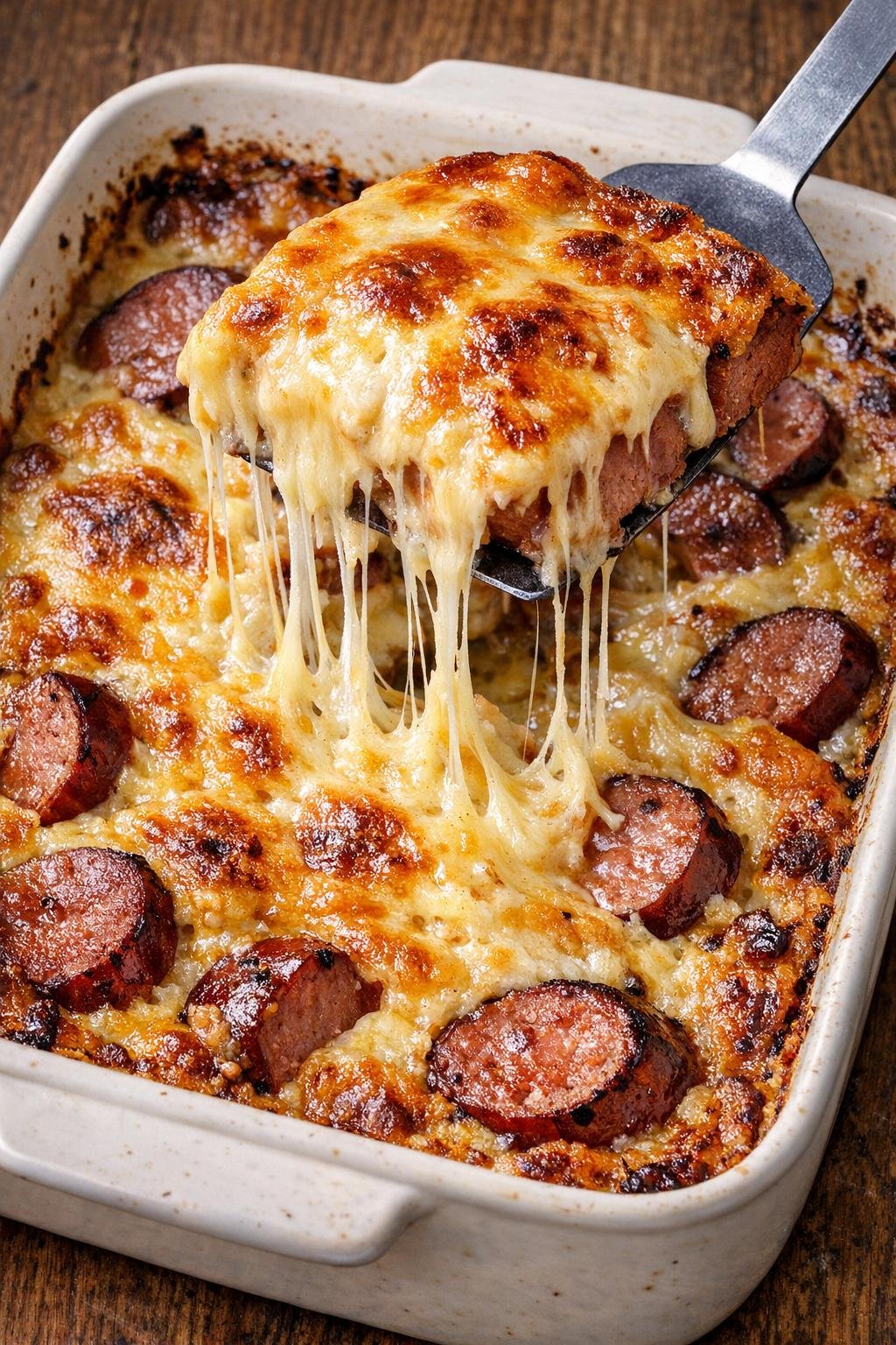 Bubbling kielbasa casserole in baking dish