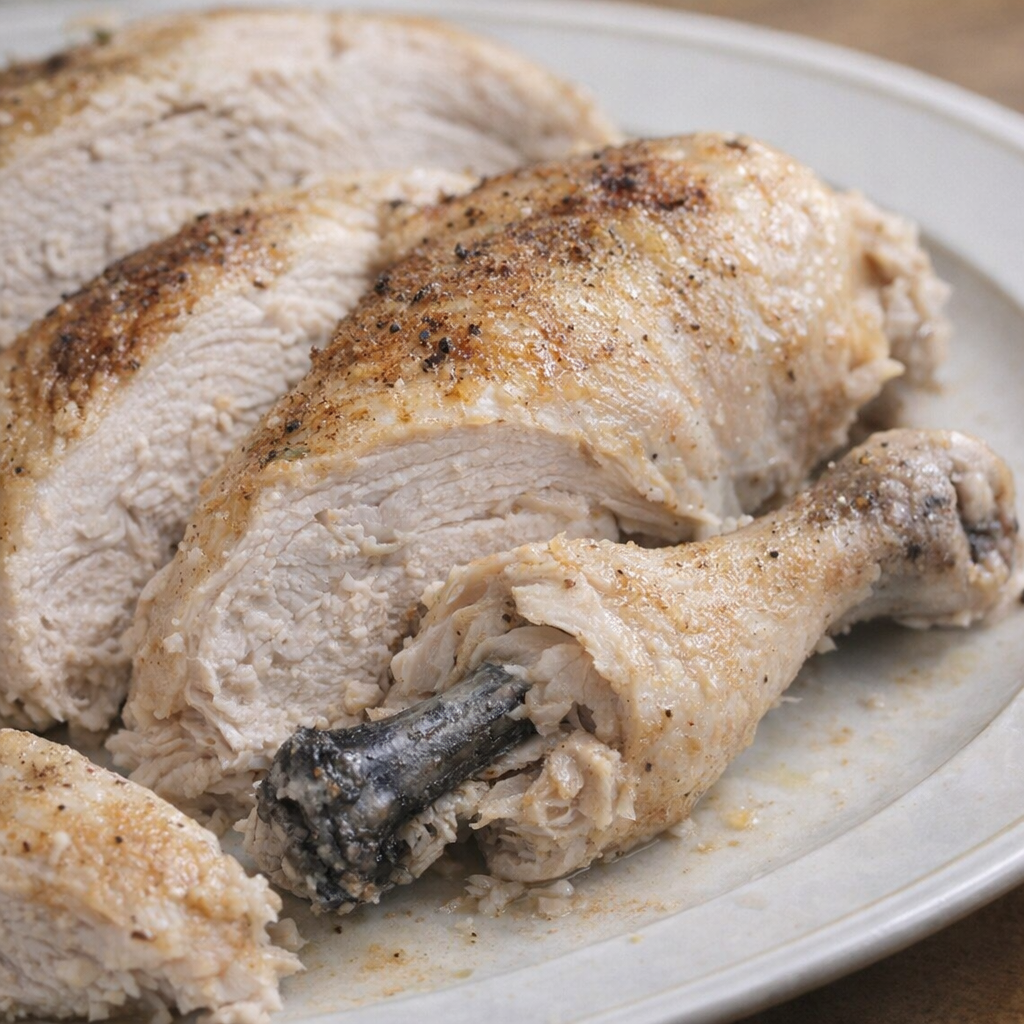 Cooked chicken pieces on a dinner plate with one darkened bone visible