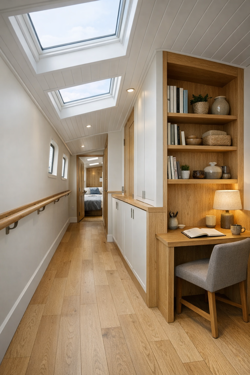 Functional hallway and office nook inside a Dutch barge houseboat with built-in storage