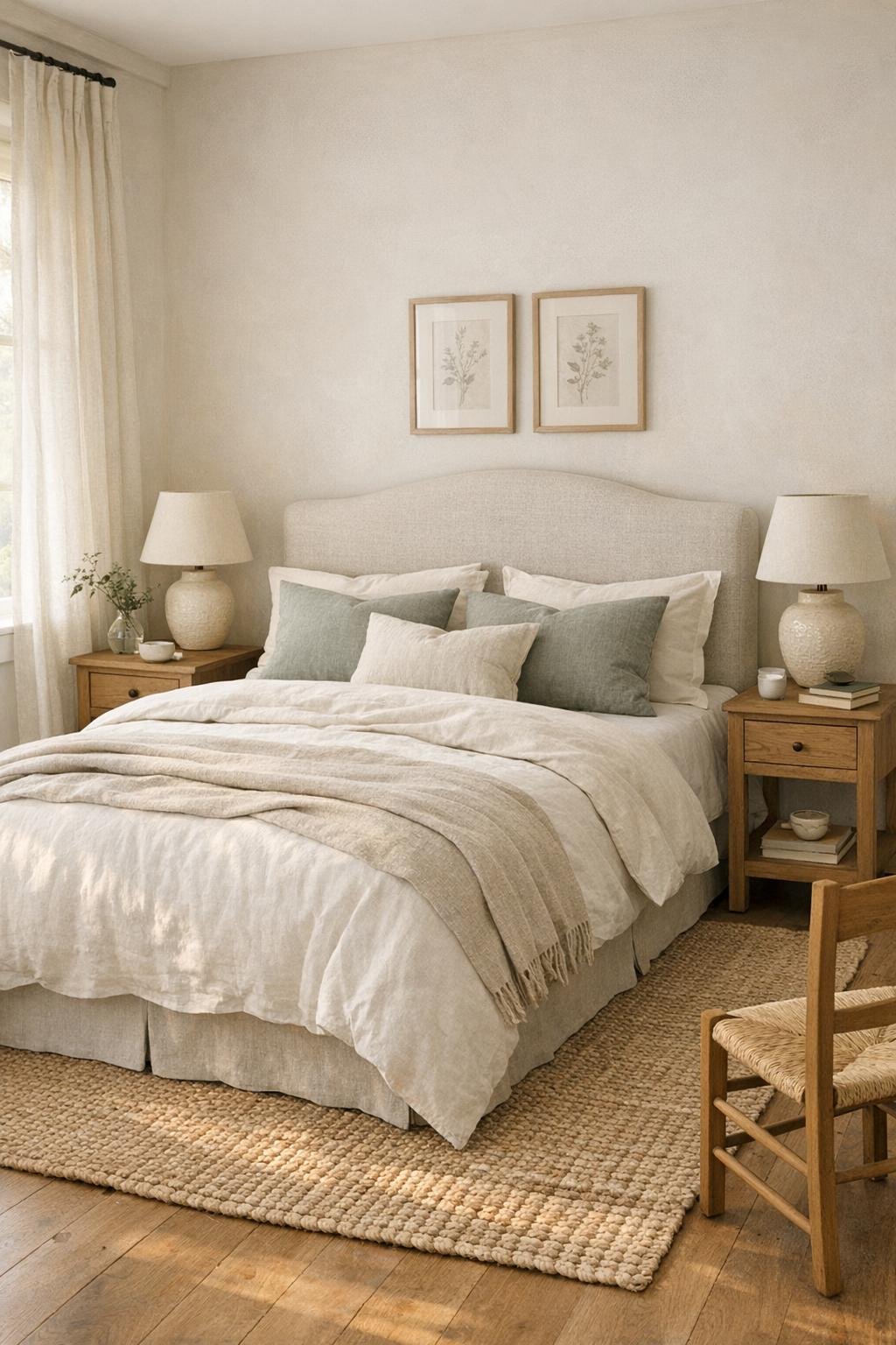 Serene cottage bedroom with linen bedding and soft gray-green accents