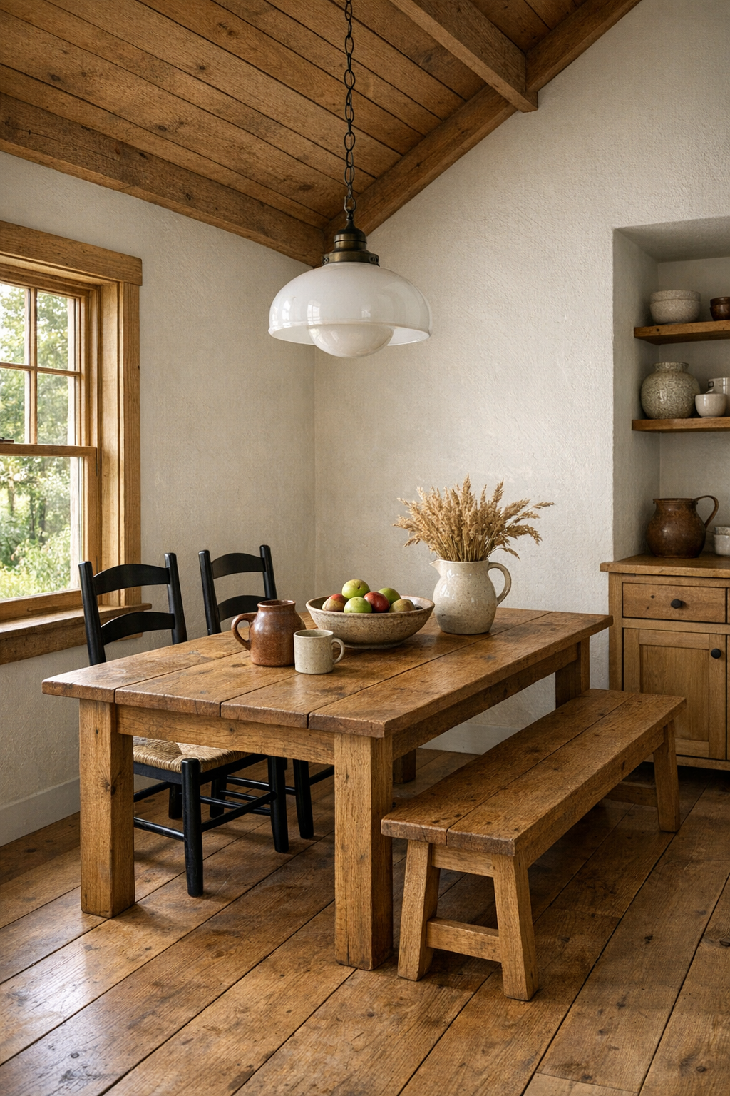 Small farmhouse dining area with oak table, shaker chairs, warm white walls, and soft pendant lighting