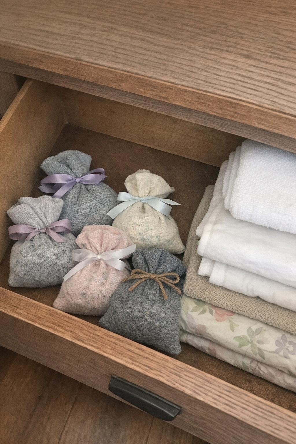 Small sock sachets tied with ribbon and filled with lavender