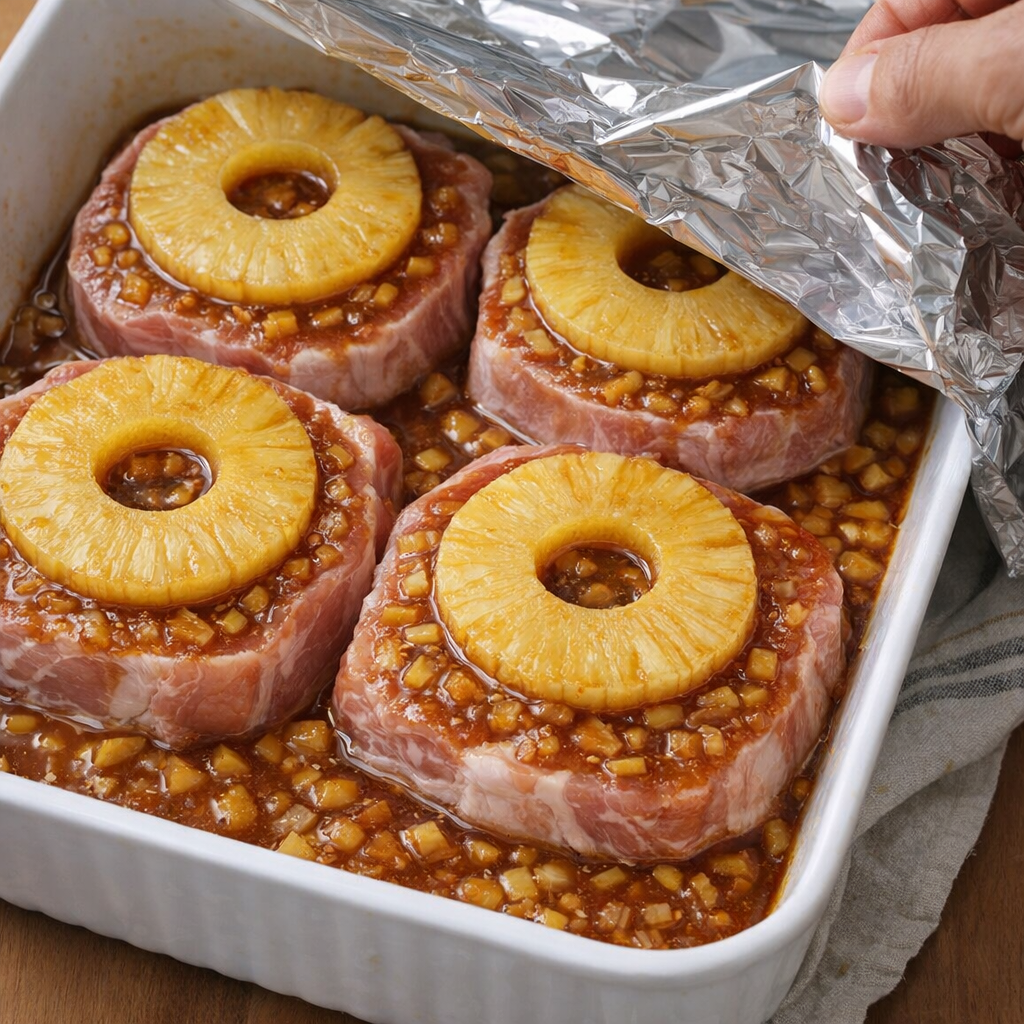 Pork chops topped with pineapple rings before baking