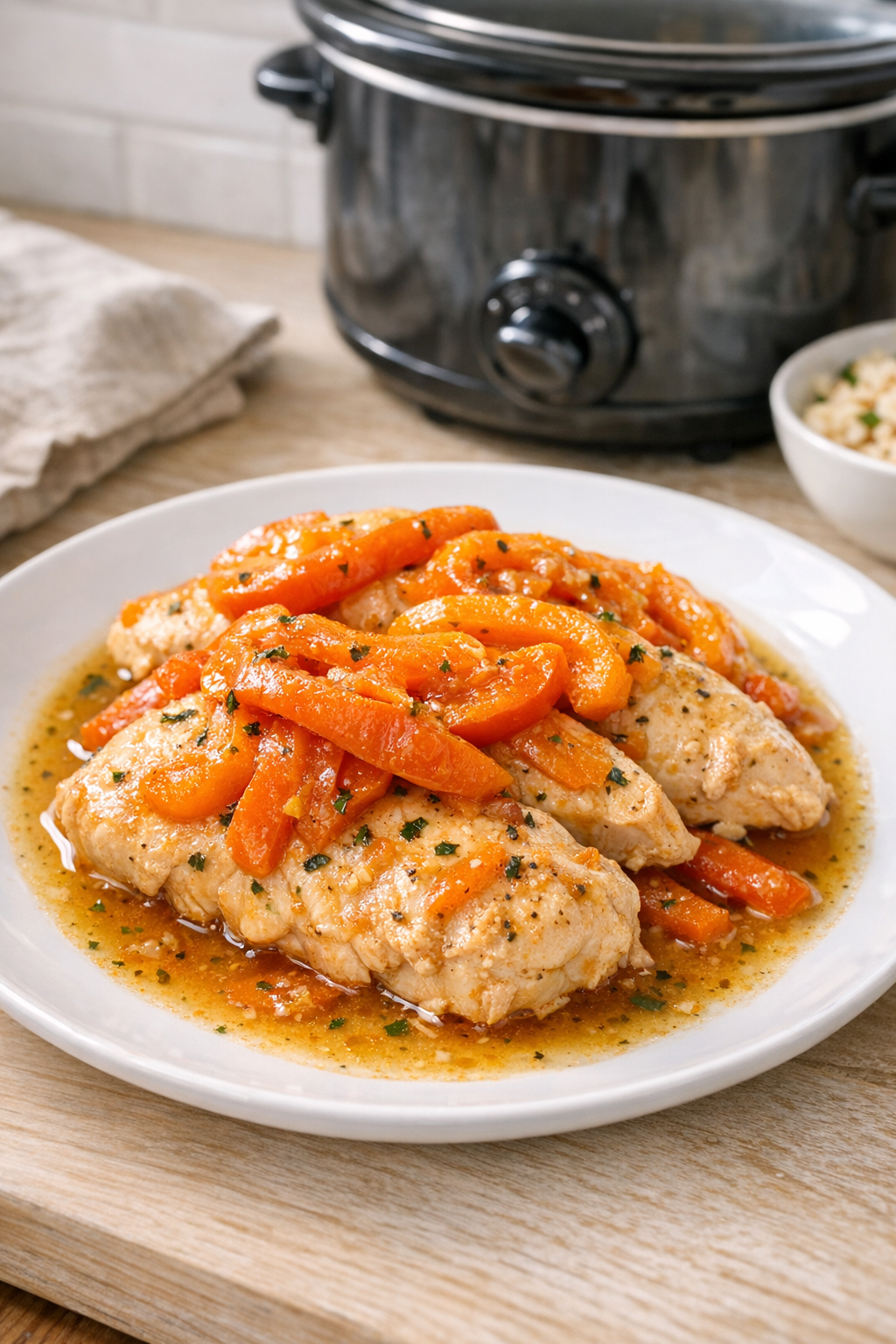 Finished slow cooker chicken with orange peppers plated for serving