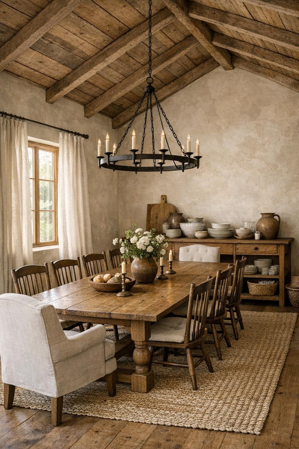 Farmhouse dining room with a long wood table, mixed seating, and iron chandelier