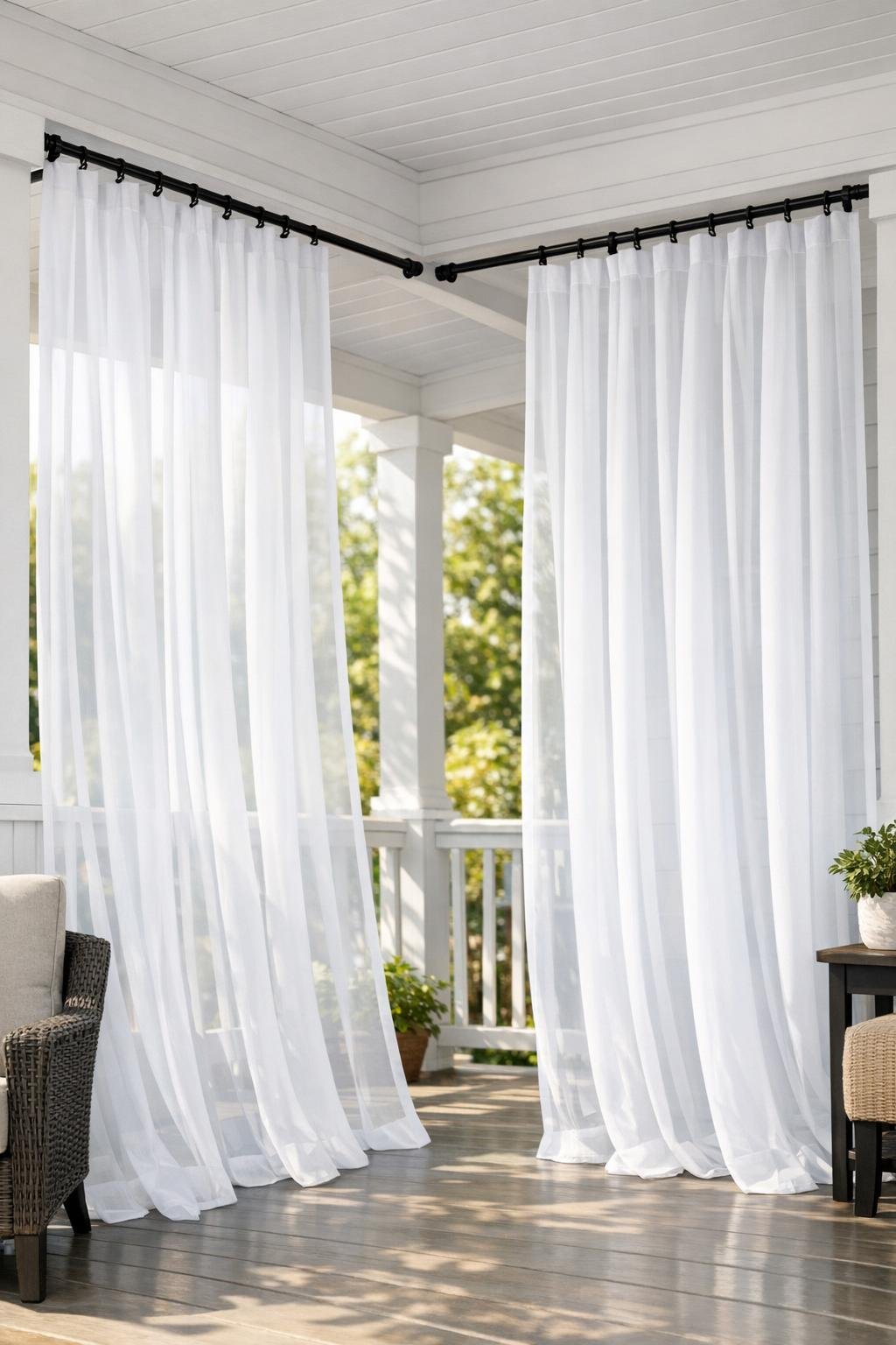 Finished porch privacy screen with white sheer curtains on black tension rods