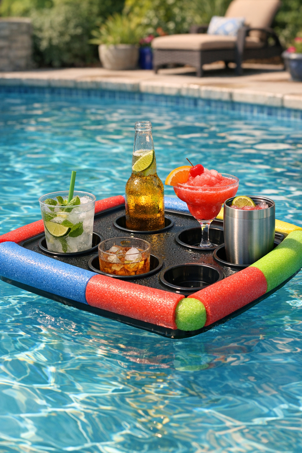 Finished floating pool bar made from a plastic lid and colorful pool noodles