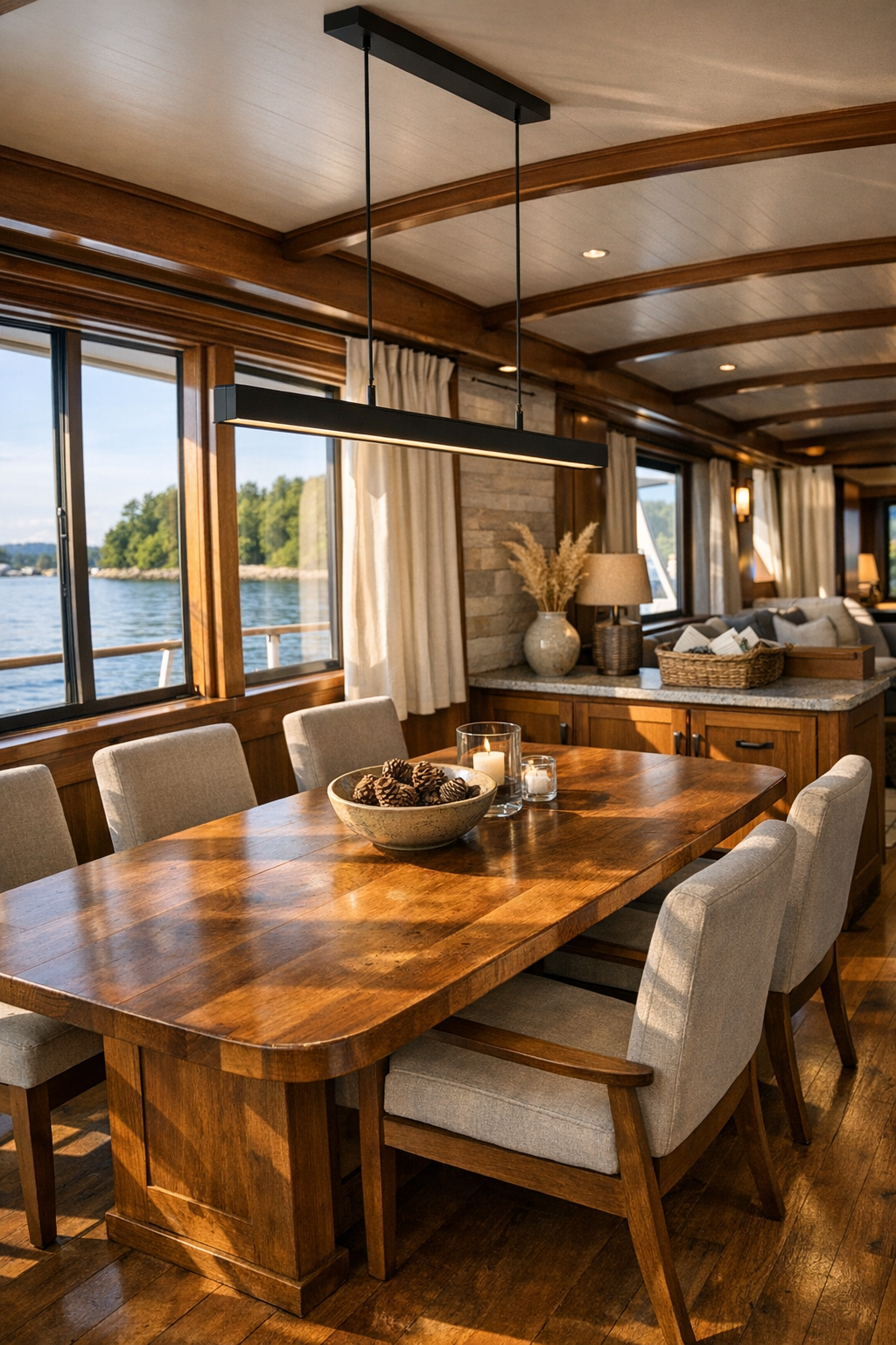 Warm dining area with solid wood table, upholstered chairs, and a simple linear pendant