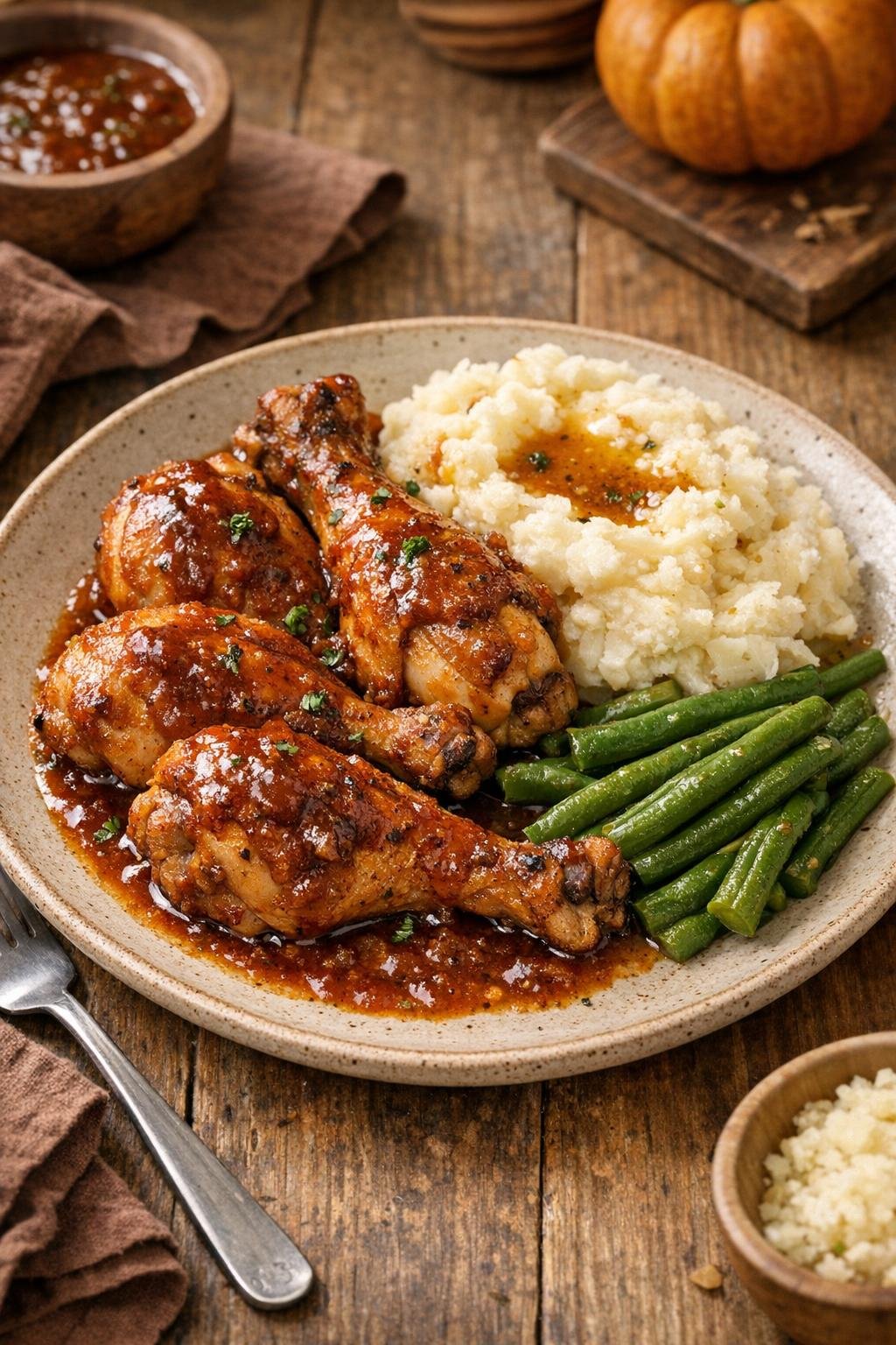 Finished slow cooker chicken drumsticks plated with sauce
