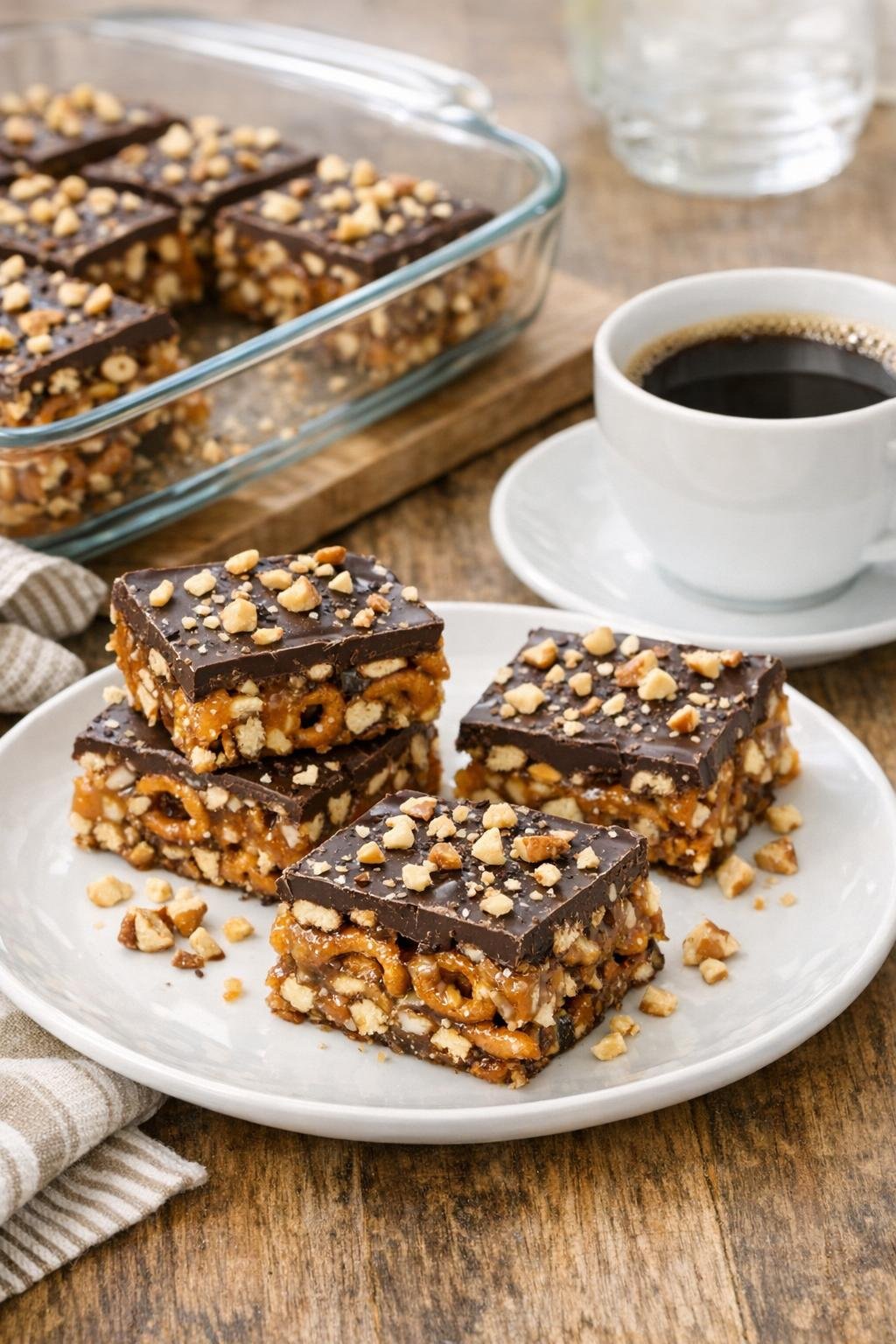 Geserveerde karamel-pretzel-crunchrepen met koffie.