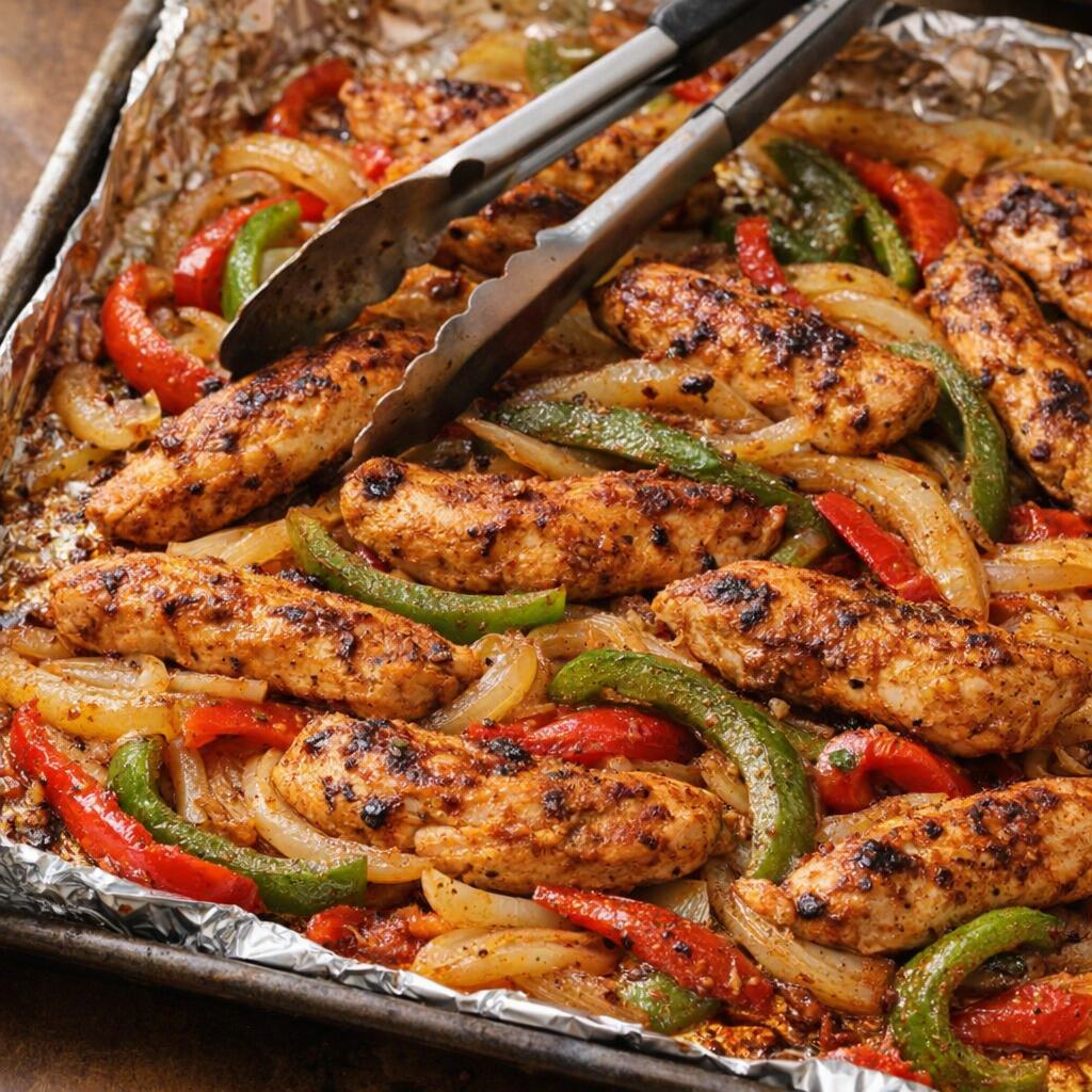 Sheet pan chicken fajitas fresh from the oven