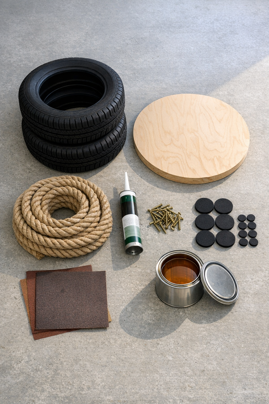 Materials for a rope-wrapped tire ottoman laid out together