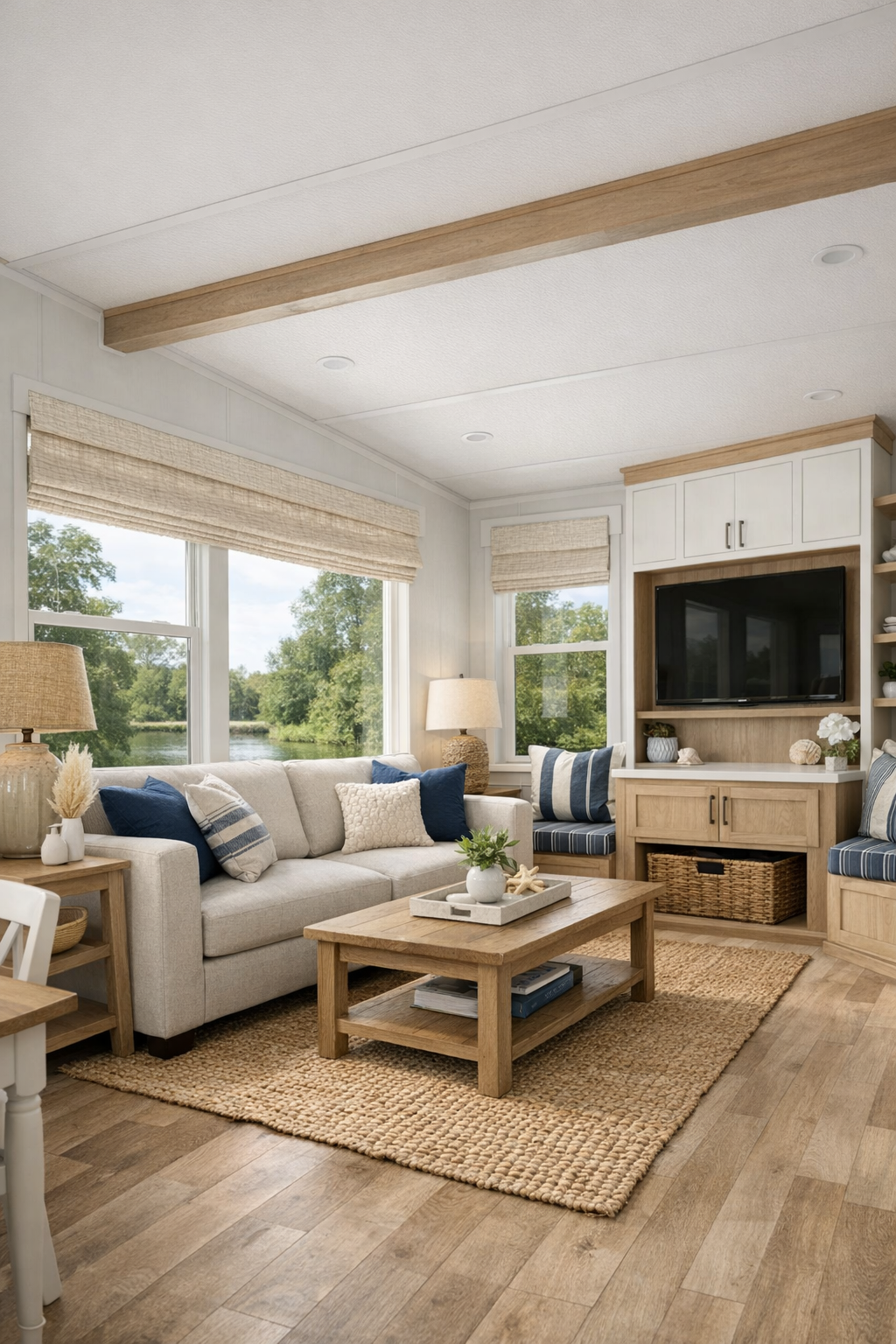 Bright coastal living room with navy accents, pale wood finishes, and woven textures