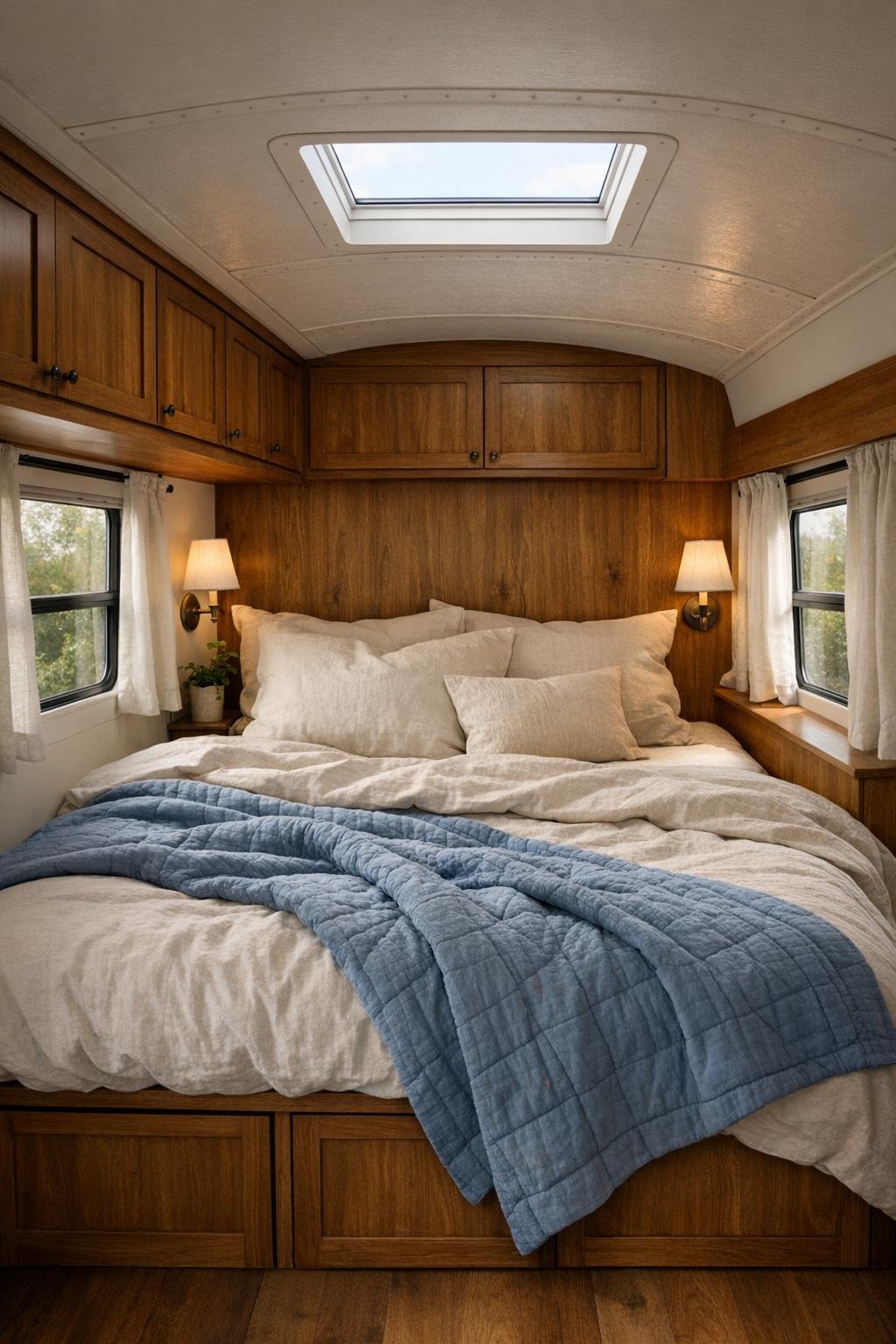 Peaceful bus bedroom with built-in bed, linen bedding, warm wood, and soft sconces