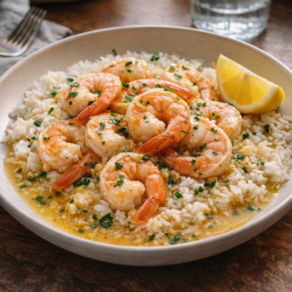 Served shrimp over rice with extra lemon butter sauce