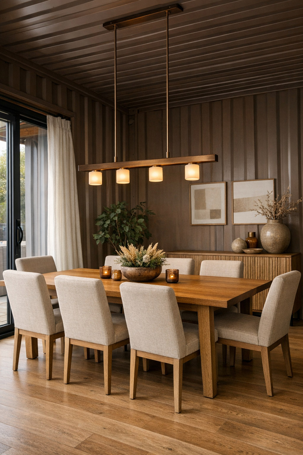 Accessible dining room with oak table, upholstered chairs, and warm bronze pendant light