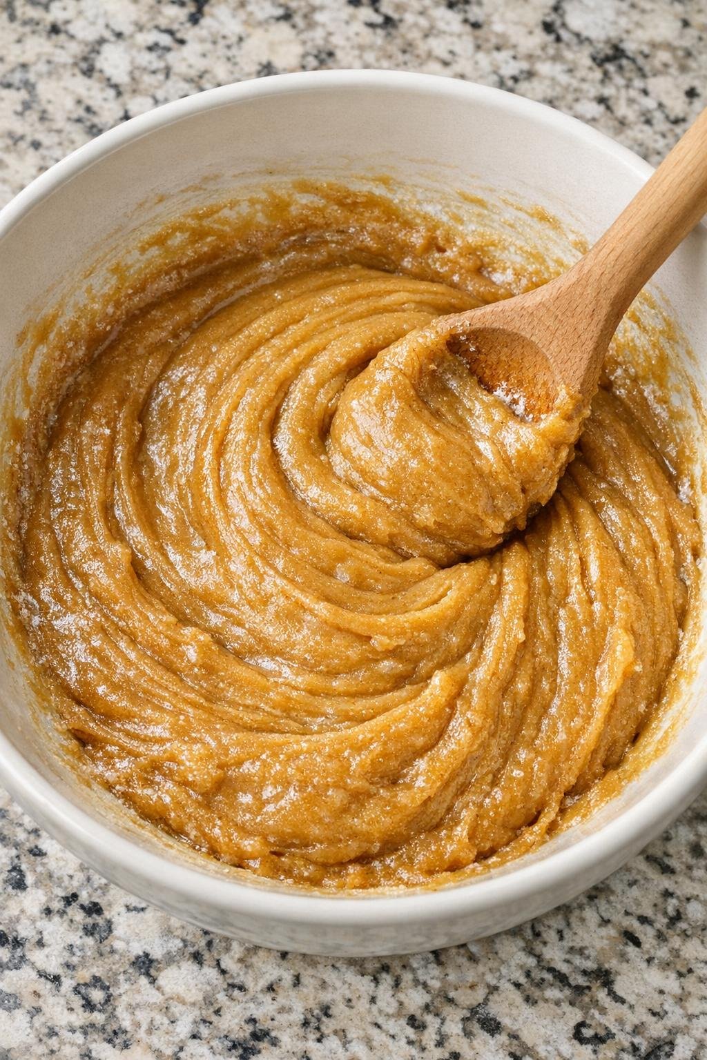 Peanut butter blondie batter being mixed in a bowl