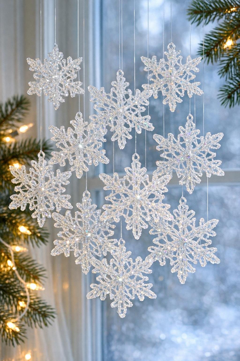 Finished glittering hot glue snowflakes hanging in a bright window