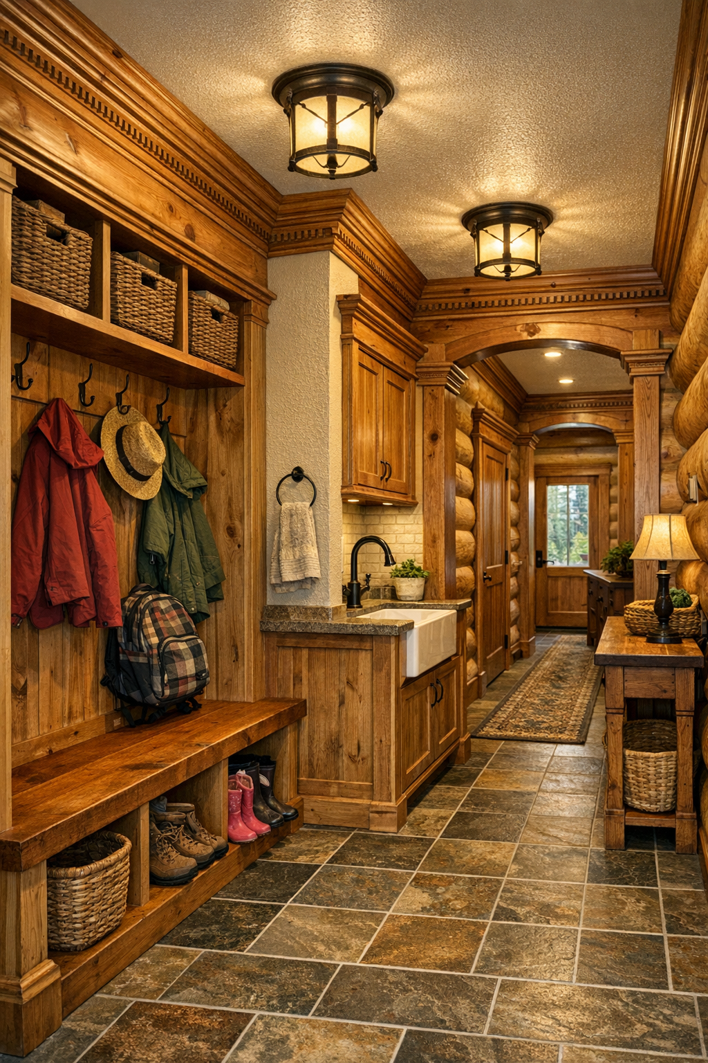 Mudroom and hallway with built-ins, bench seating, and detailed wood trim