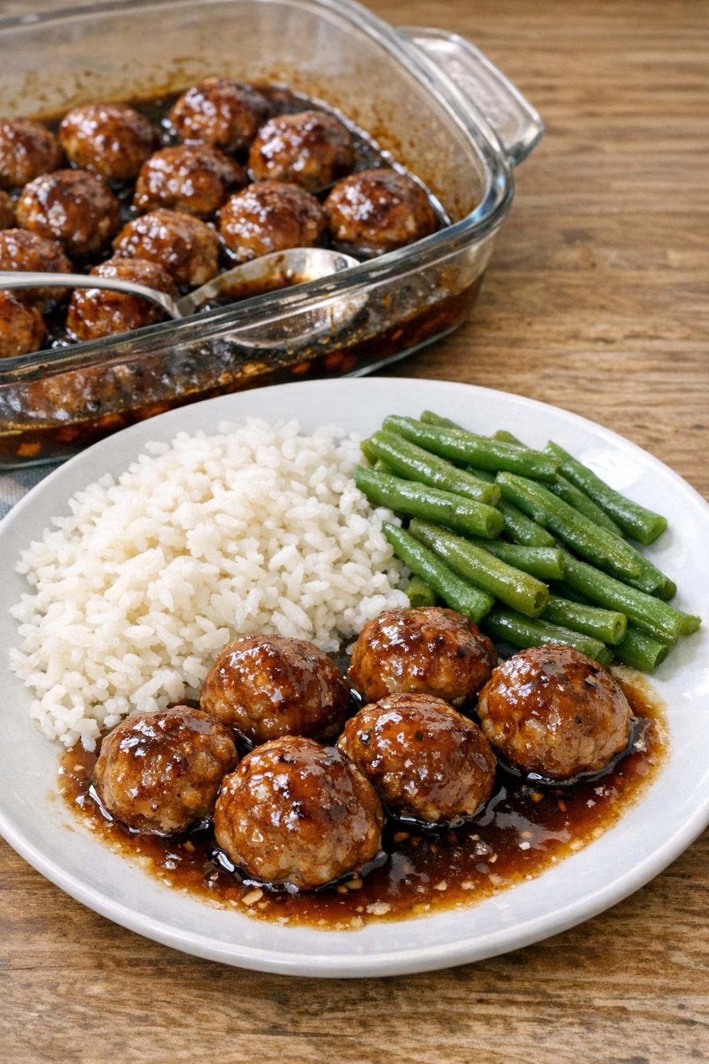 Baked chicken meatballs glazed in sauce in a glass casserole dish