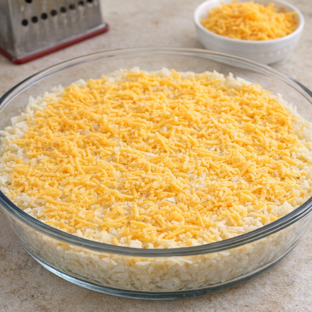 Unbaked hash brown pie topped with shredded cheddar